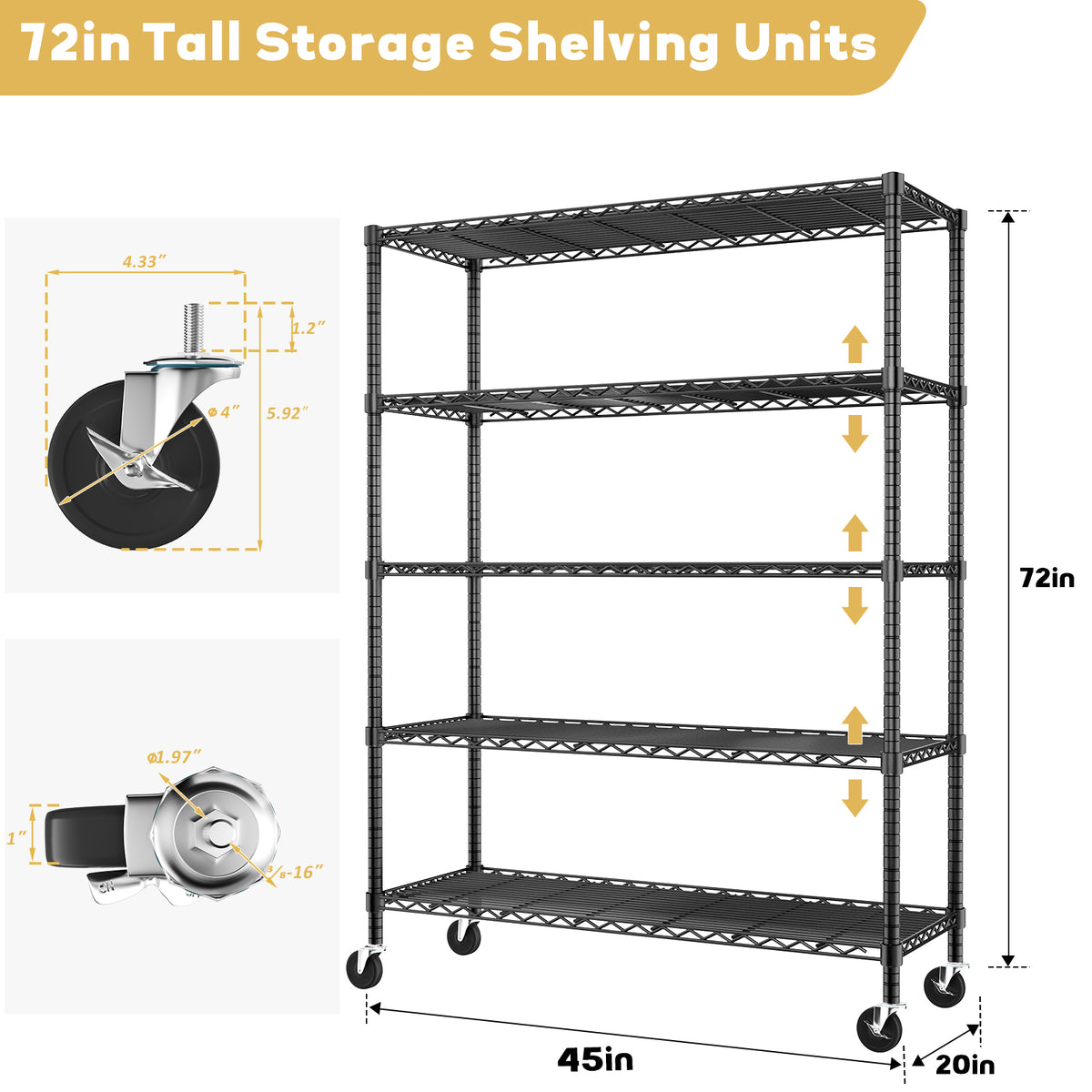5-Tier Height-Adjustable Garage Wire Shelving Unit for Kitchen, Laundry Room, Pantry, Warehouse, Basement