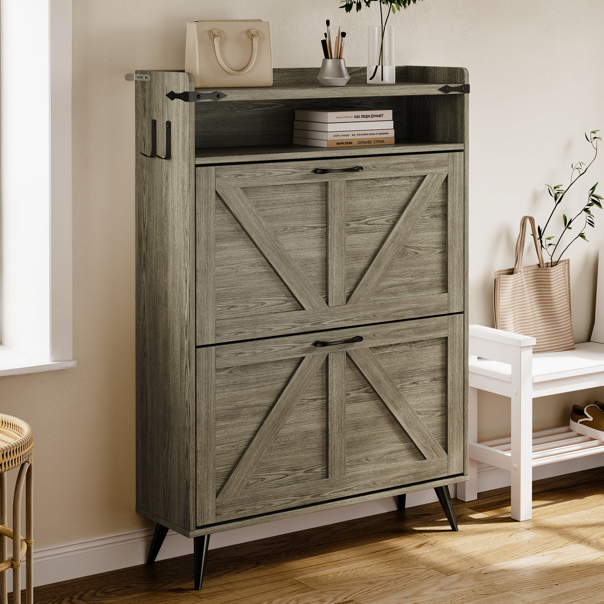 Farmhouse Shoe Rack, Freestanding Shoe Cabinet with 2 Flip Drawers for Entryway
