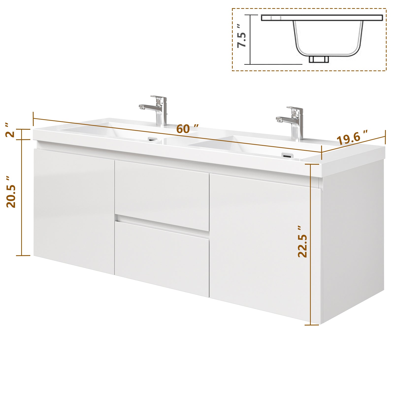 60Inch Floating Bathroom Vanity With Double Undermount Sink Wall Mounted Bathroom Storage Vanity Cabinet Of 2 Drawers And Doors