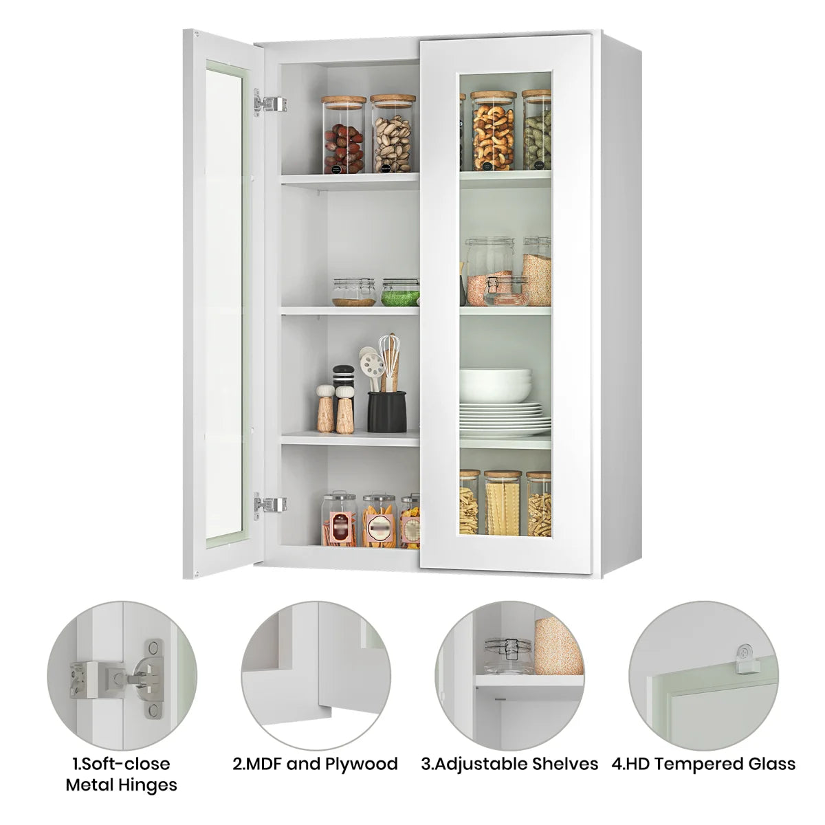 27"W * 42"H * 12"D Shaker White Glass Wall Kitchen Cabinet with Adjustable Shelves