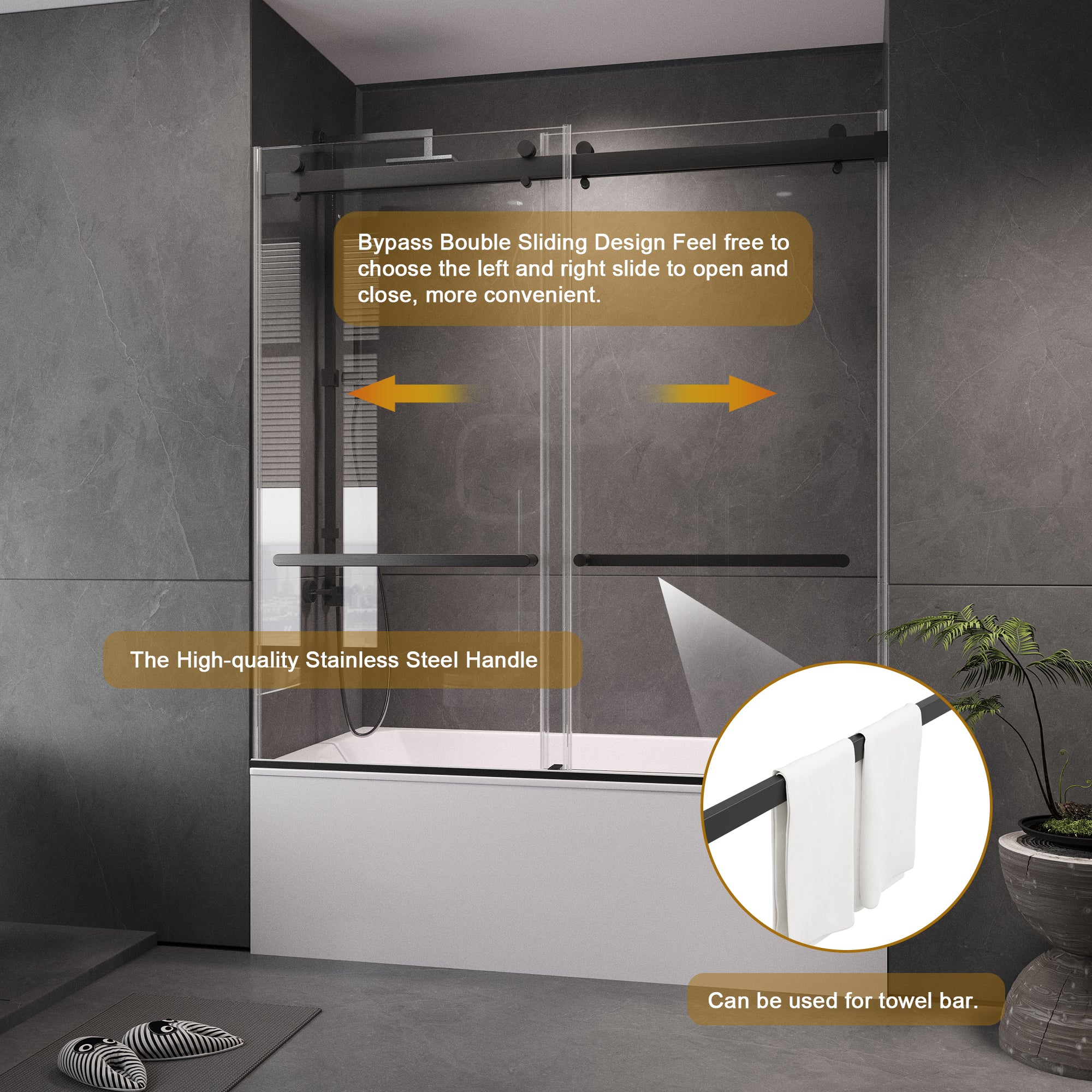 Frameless Bathtub Shower Doors 56-60 W x 60 H