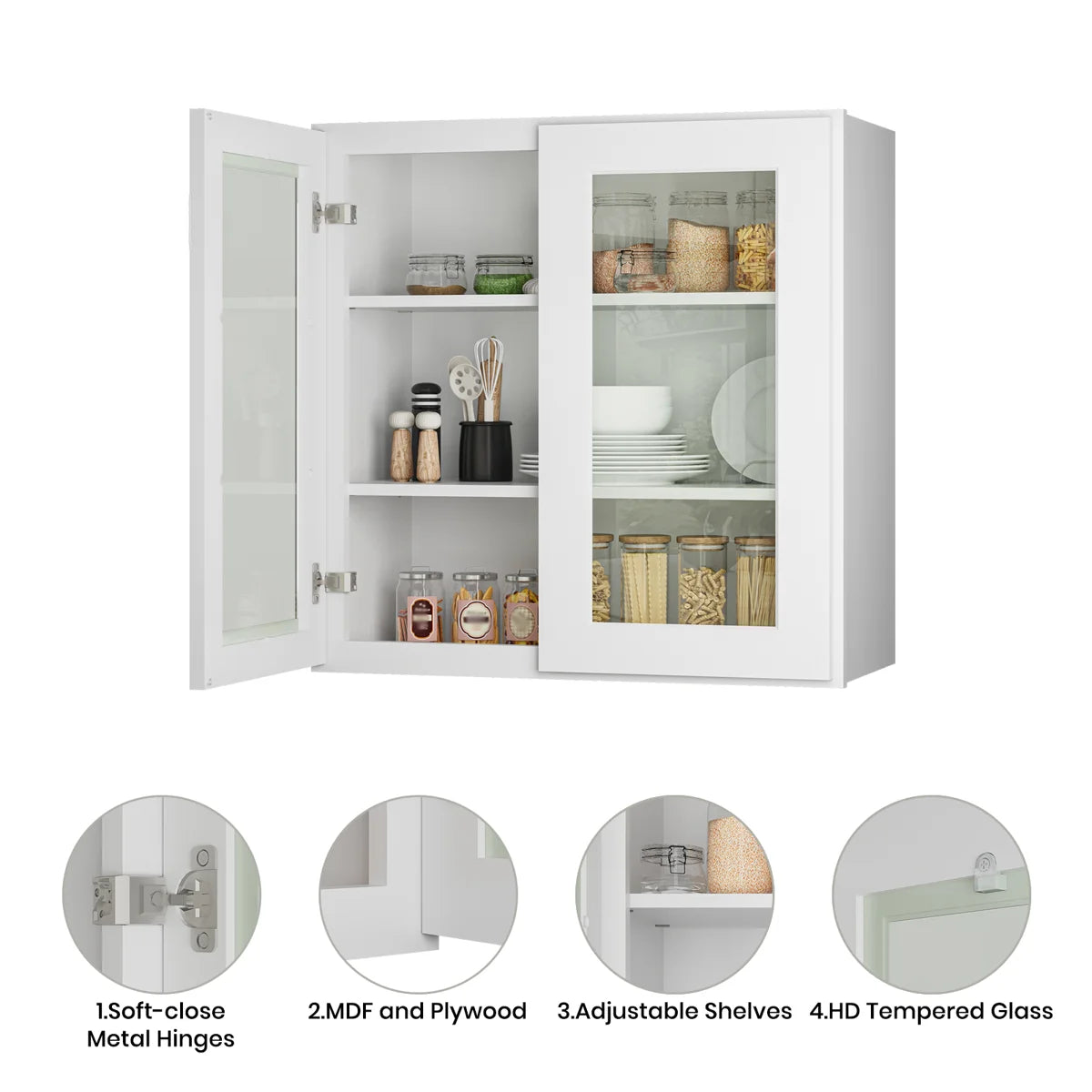 33"W * 30"H * 12"D Shaker White Glass Wall Kitchen Cabinet with Adjustable Shelves