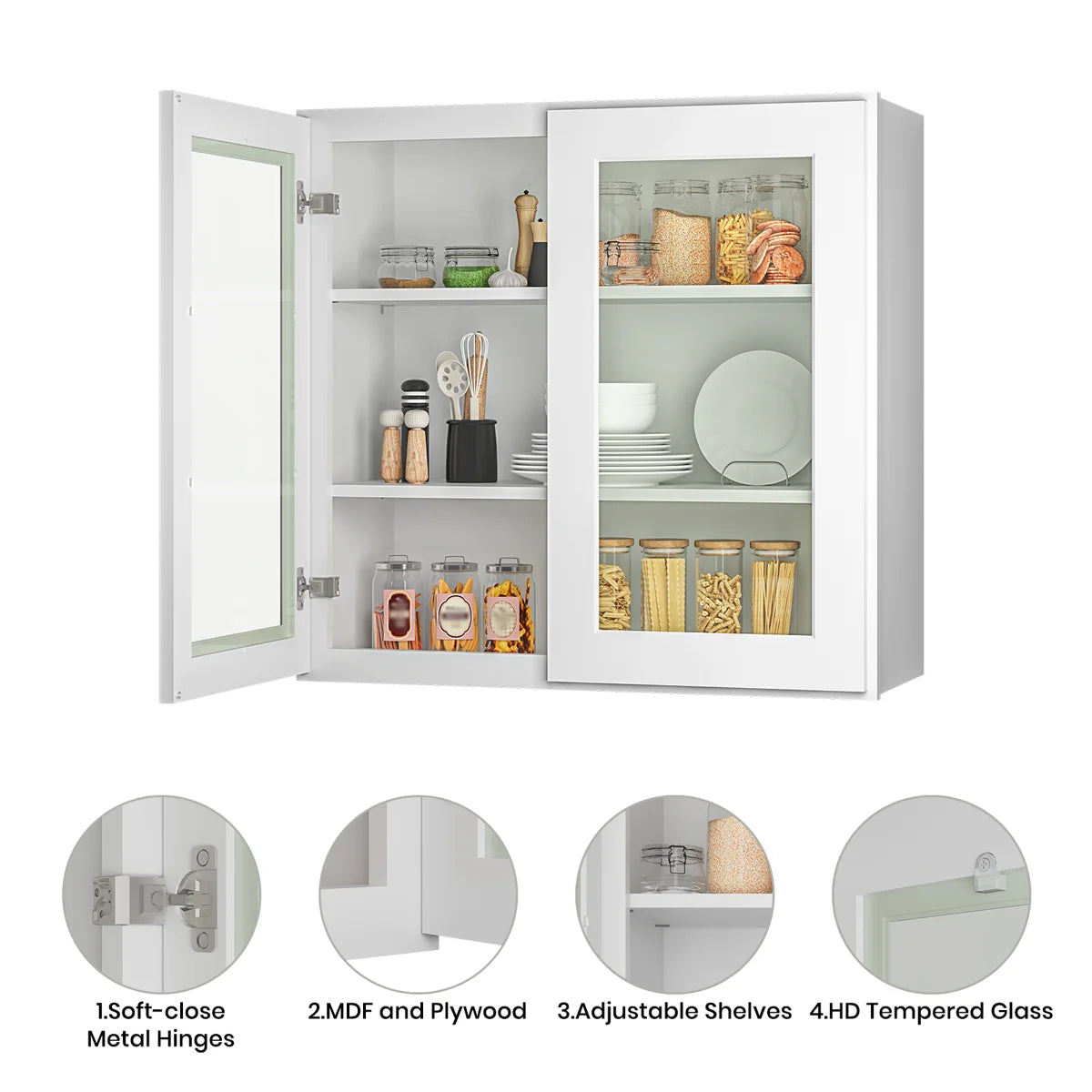 30"W * 36"H * 12"D Shaker White Glass Wall Kitchen Cabinet with Adjustable Shelves