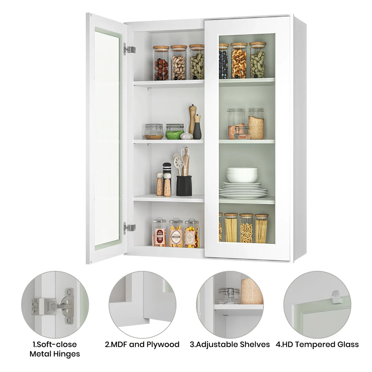 30"W * 42"H * 12"D Shaker White Glass Wall Kitchen Cabinet with Adjustable Shelves