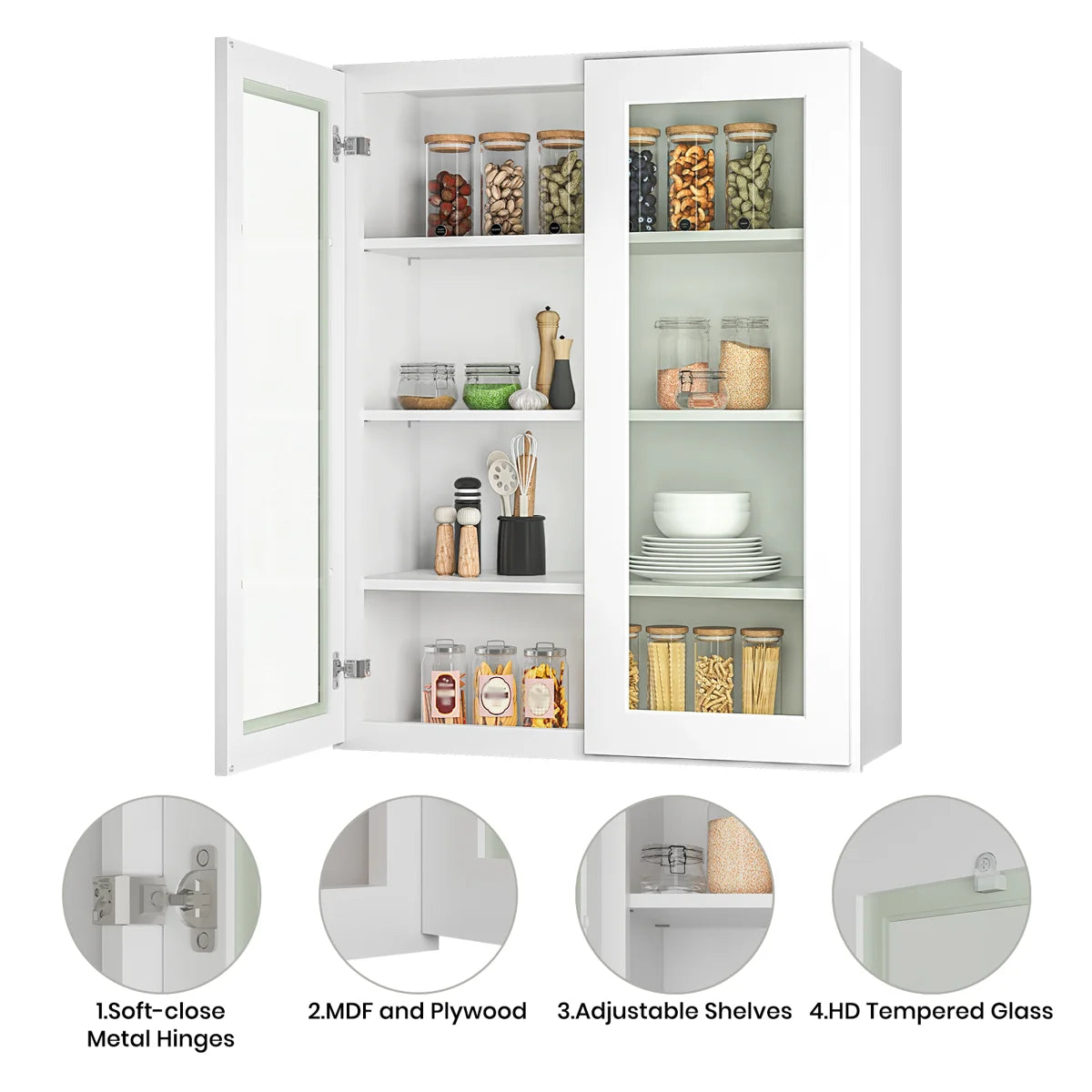33"W * 42"H * 12"D Shaker White Glass Wall Kitchen Cabinet with Adjustable Shelves