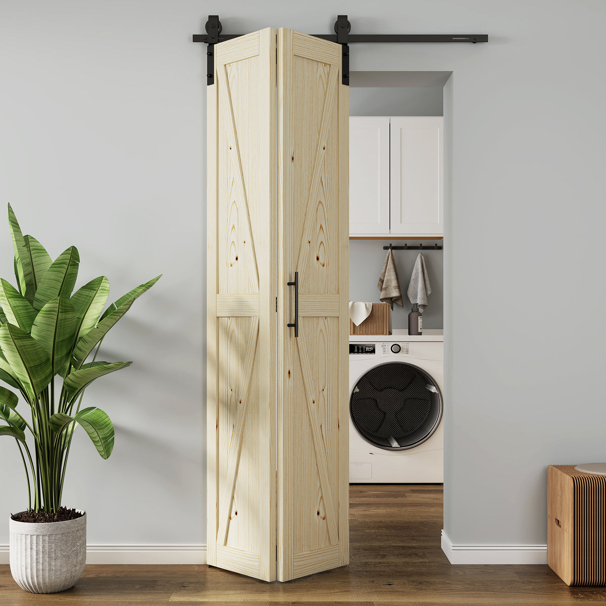 AHCEDARS Bifold Barn Door,Bi-Fold Sliding Closet Doors,Pine,No Assembly Required,Without Hardware Kit