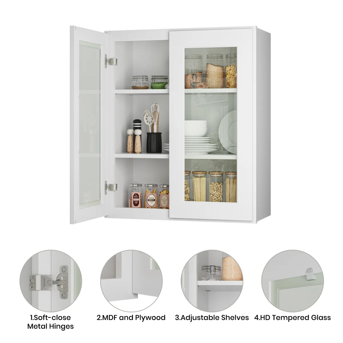 36"W * 30"H * 12"D Shaker White Glass Wall Kitchen Cabinet with Adjustable Shelves