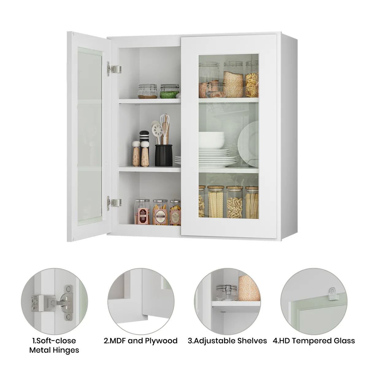 33"W * 36"H * 12"D Shaker White Glass Wall Kitchen Cabinet with Adjustable Shelves