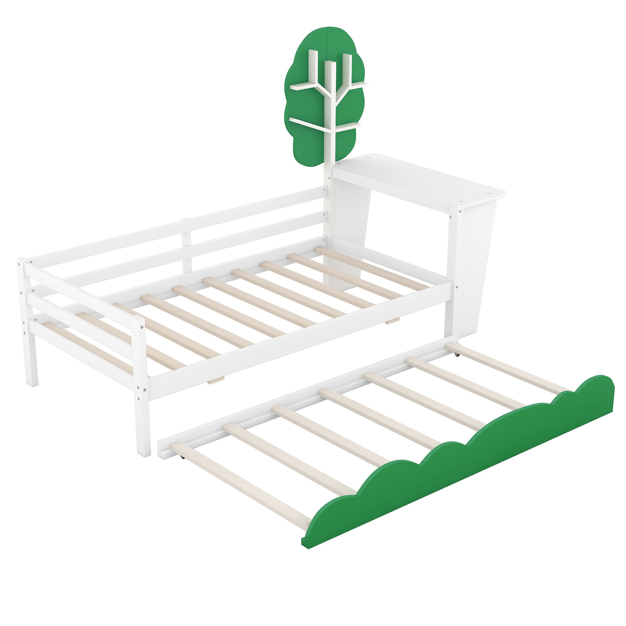 Twin Size Daybed with Desk, Green Tree Shape Shelves and Trundle, White