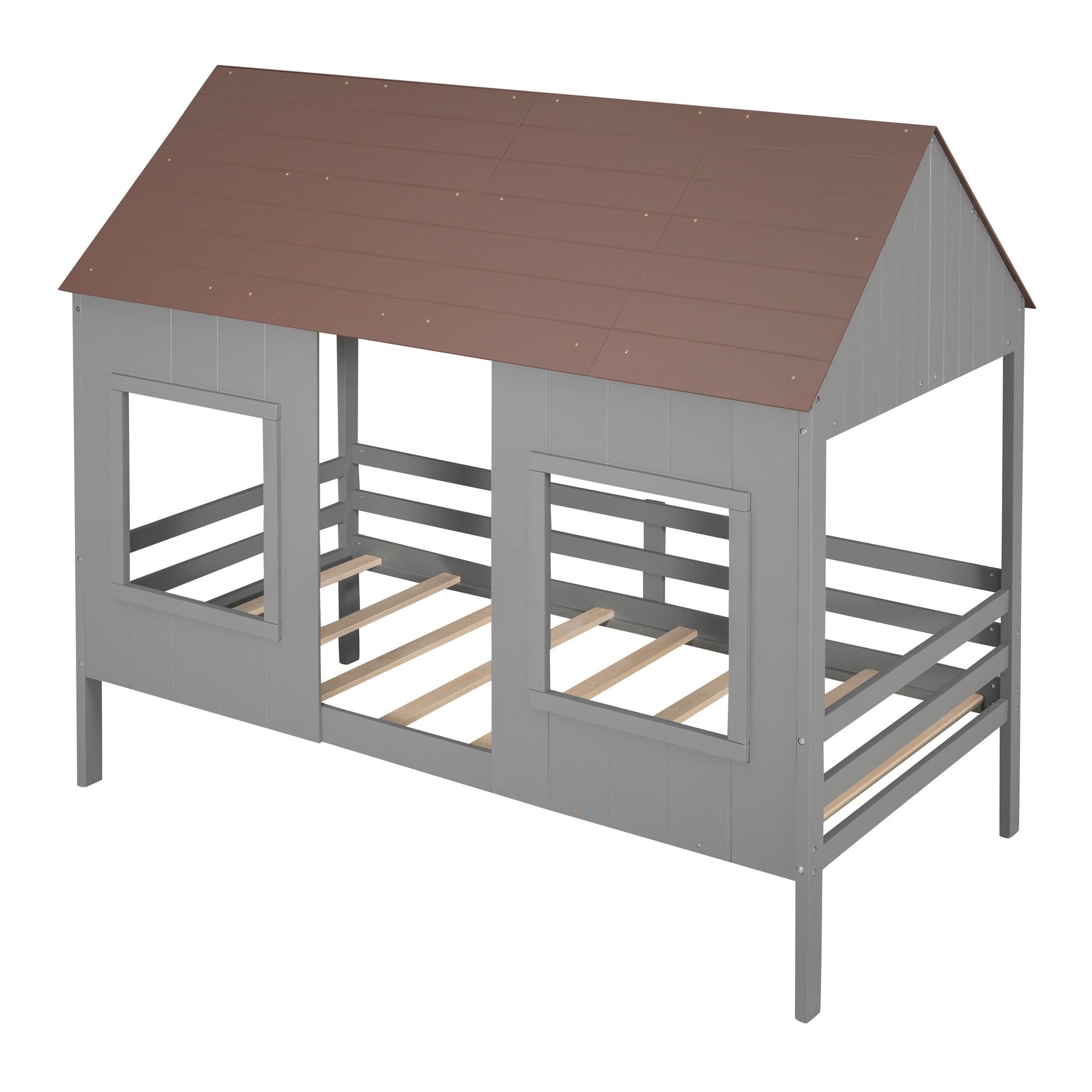Twin Size Low Loft Wood House Bed with Two Front Windows, (Gray+ Brown)(OLD SKU:LP000039AAL)