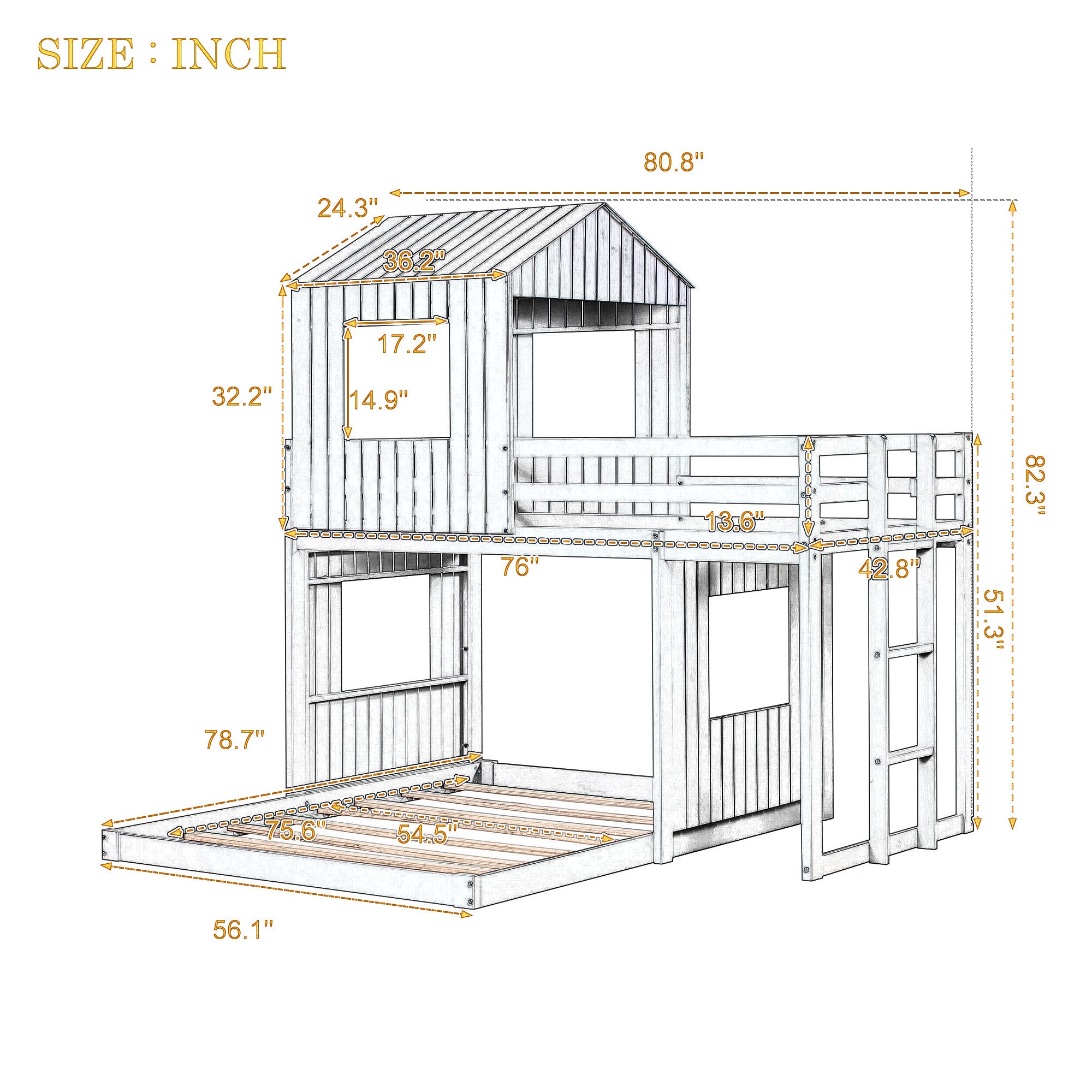 Wooden Twin Over Full Bunk Bed, Loft Bed with Playhouse, Farmhouse, Ladder and Guardrails , Gray( old sku: LT000027AAN )