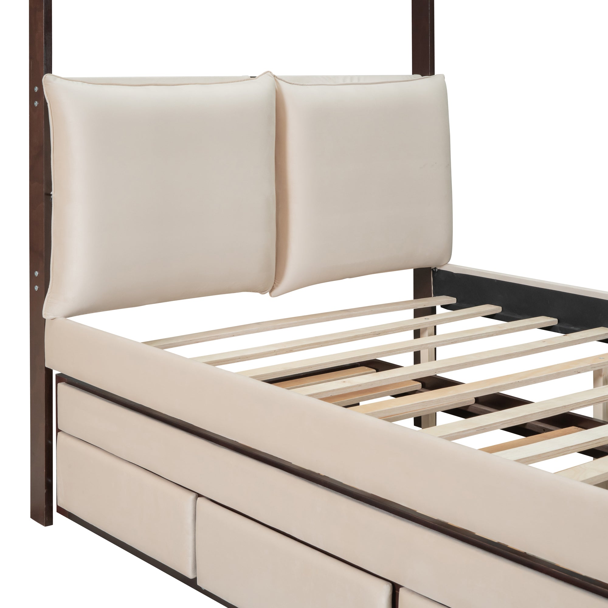 Full Size Upholstered  Canopy Bed with Trundle and 3 Drawers, Beige