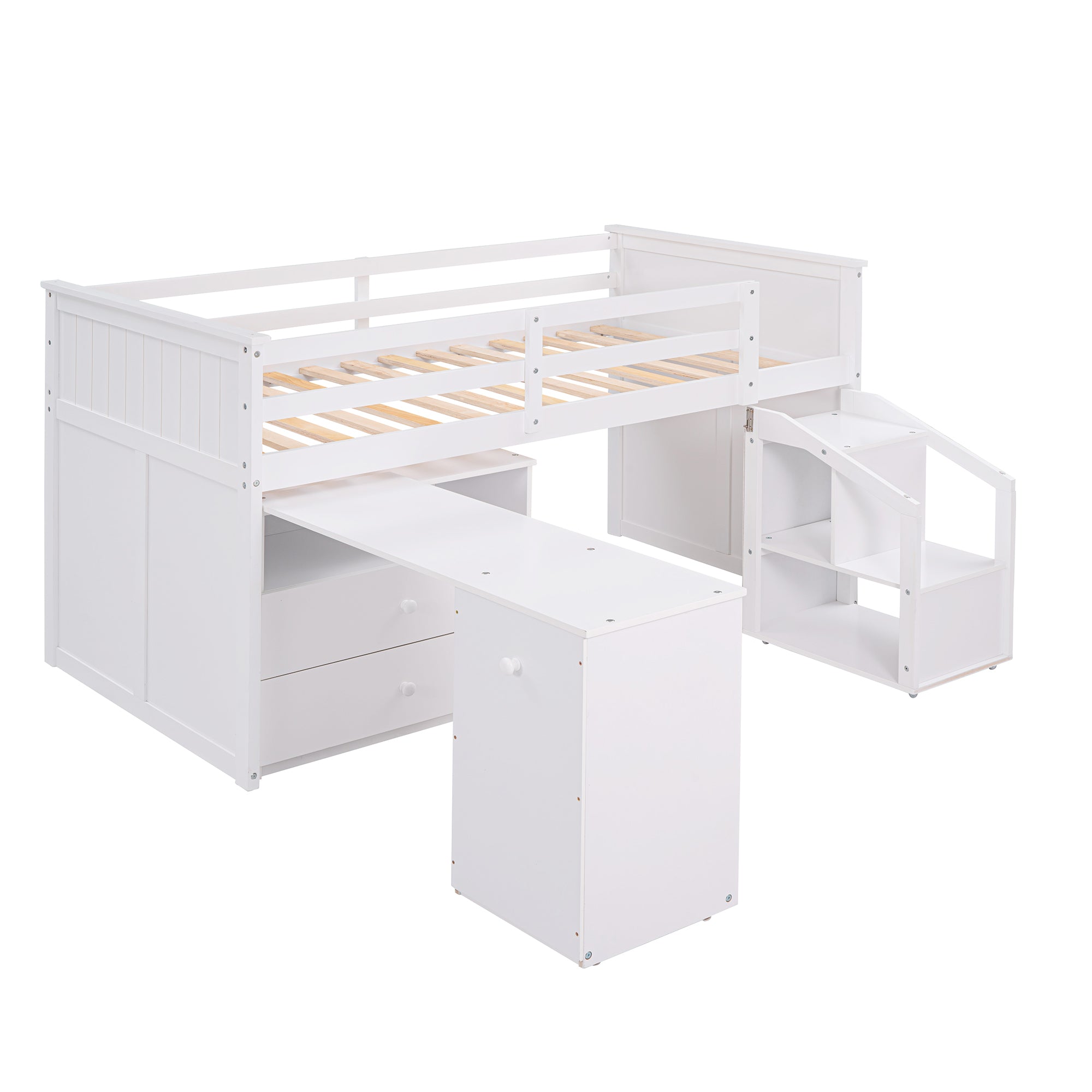 Loft Bed Low Study Twin Size Loft Bed With Storage Steps and Portable,Desk,White(OLD SKU: LT000101AAK)
