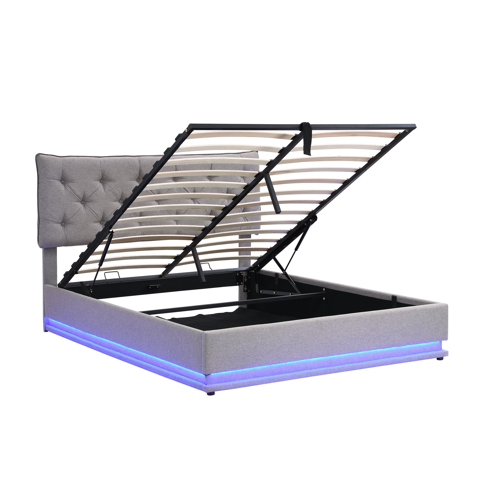 Queen Size Upholstered Bed with Hydraulic Storage System and LED Light, Modern Platform Bed with Button-tufted Design Headboard, Gray