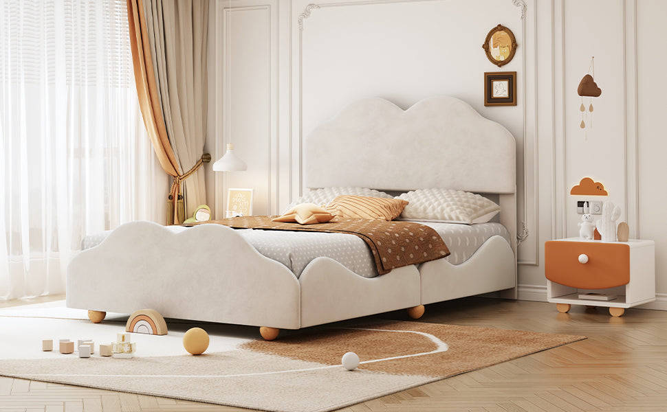 Full Size Upholstered Platform Bed with Cloud Shaped bed board, Beige