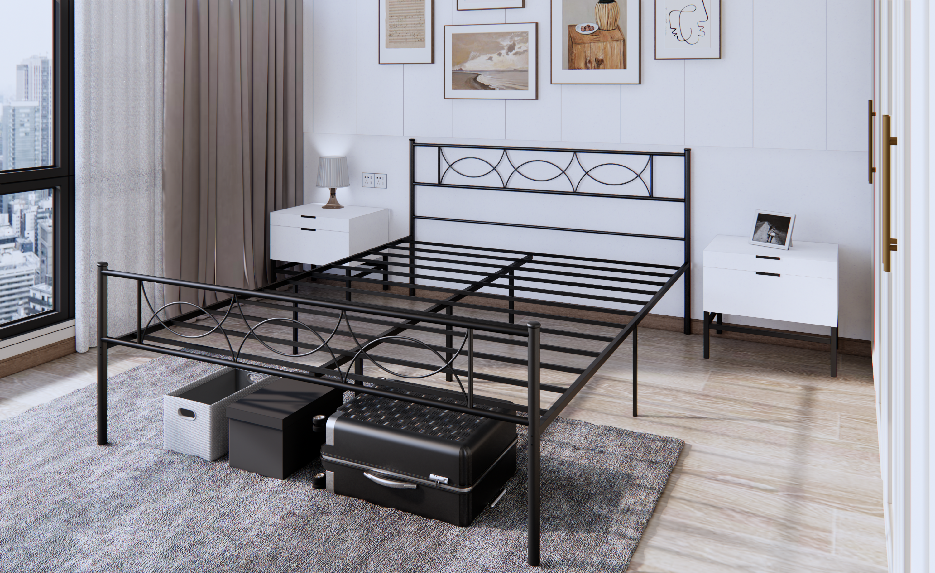 Full Size Bed Frame with Headboard No Box Spring Needed, Black