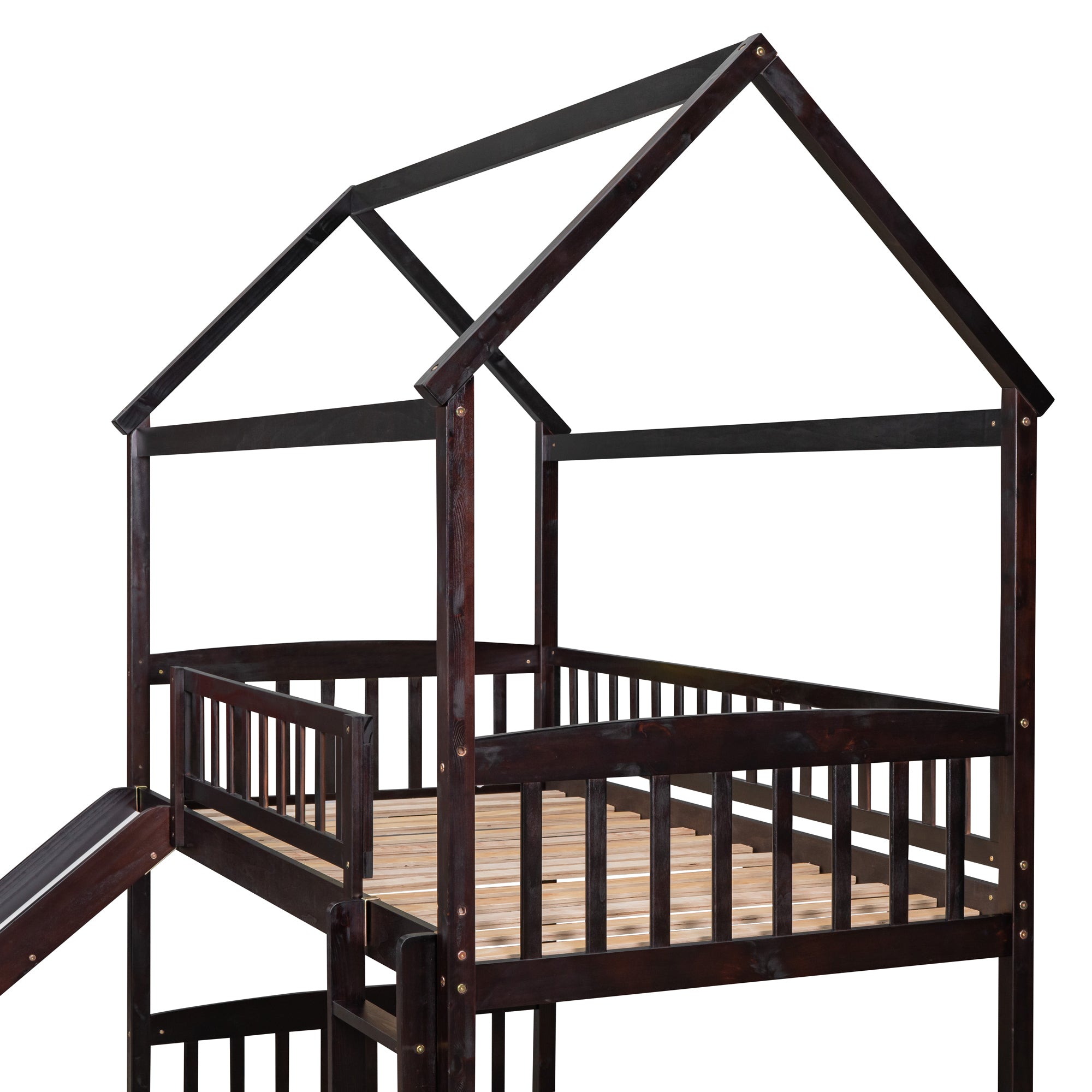 Twin Over Twin Bunk Bed with Slide, House Bed with Slide, Espresso(OLD SKU: LT000213AAP)
