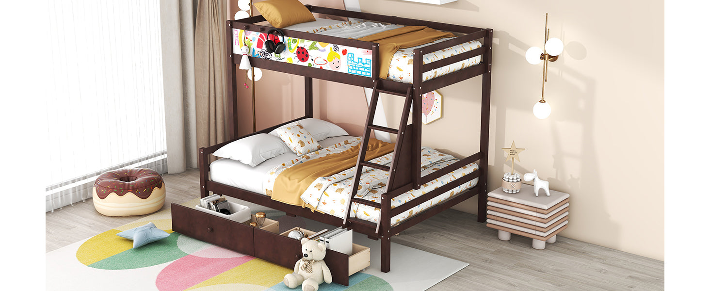 Wood Twin over Full Bunk Bed with Whiteboard, 3 Hooks and 2 Drawers, Espresso