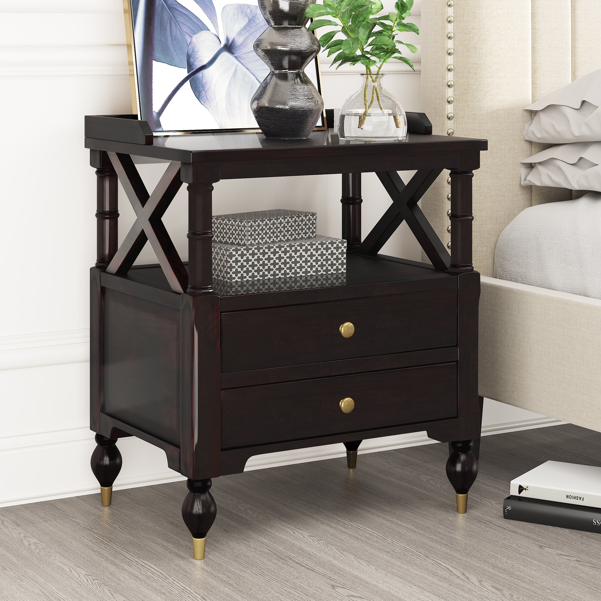 3 Pieces Bedroom Set Modern Linen Curved Upholstered Beige Platform Full Bed with Two Black Cherry Nightstands