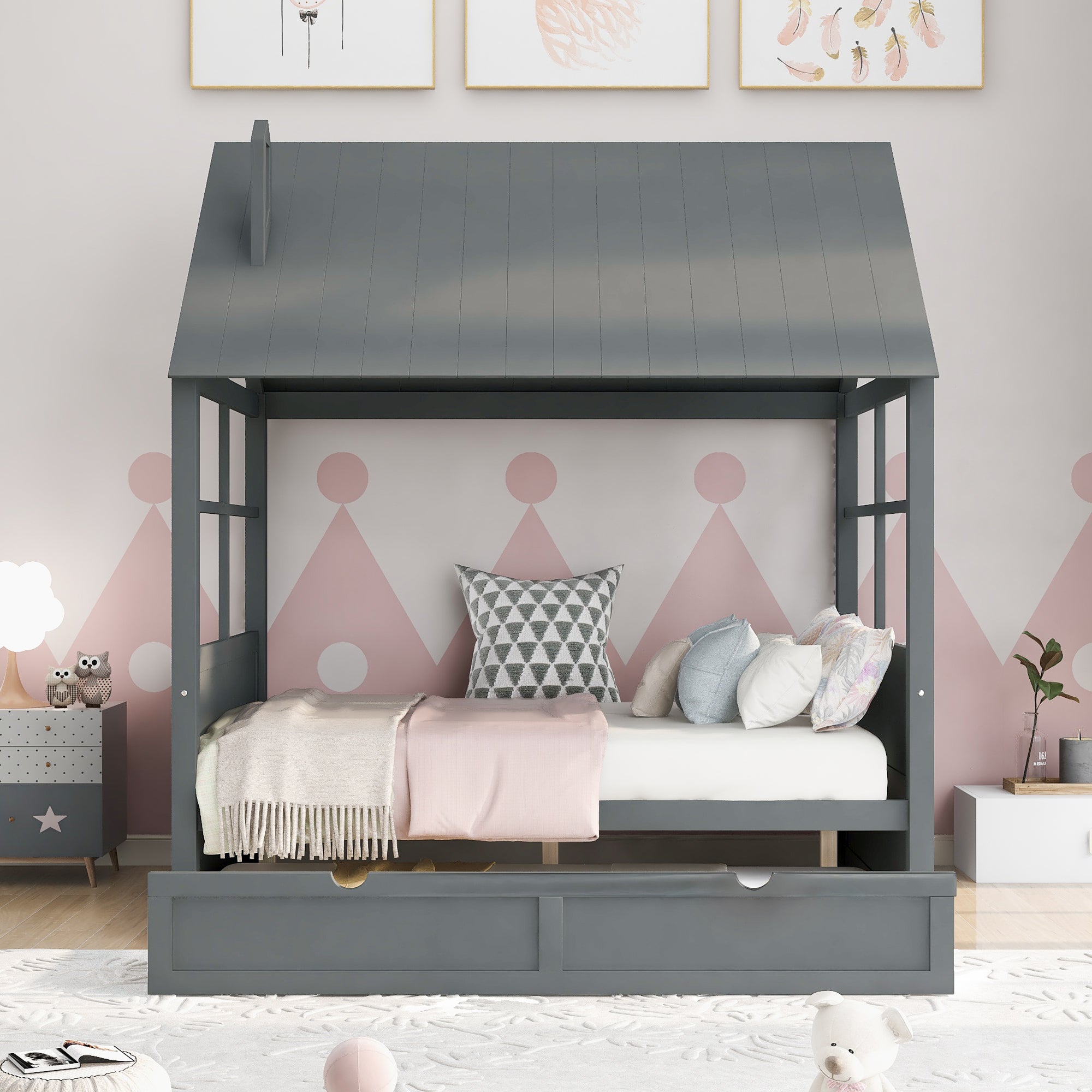 Full Size Wood House Bed With Twin Size Trundle, Wooden Daybed, Gray