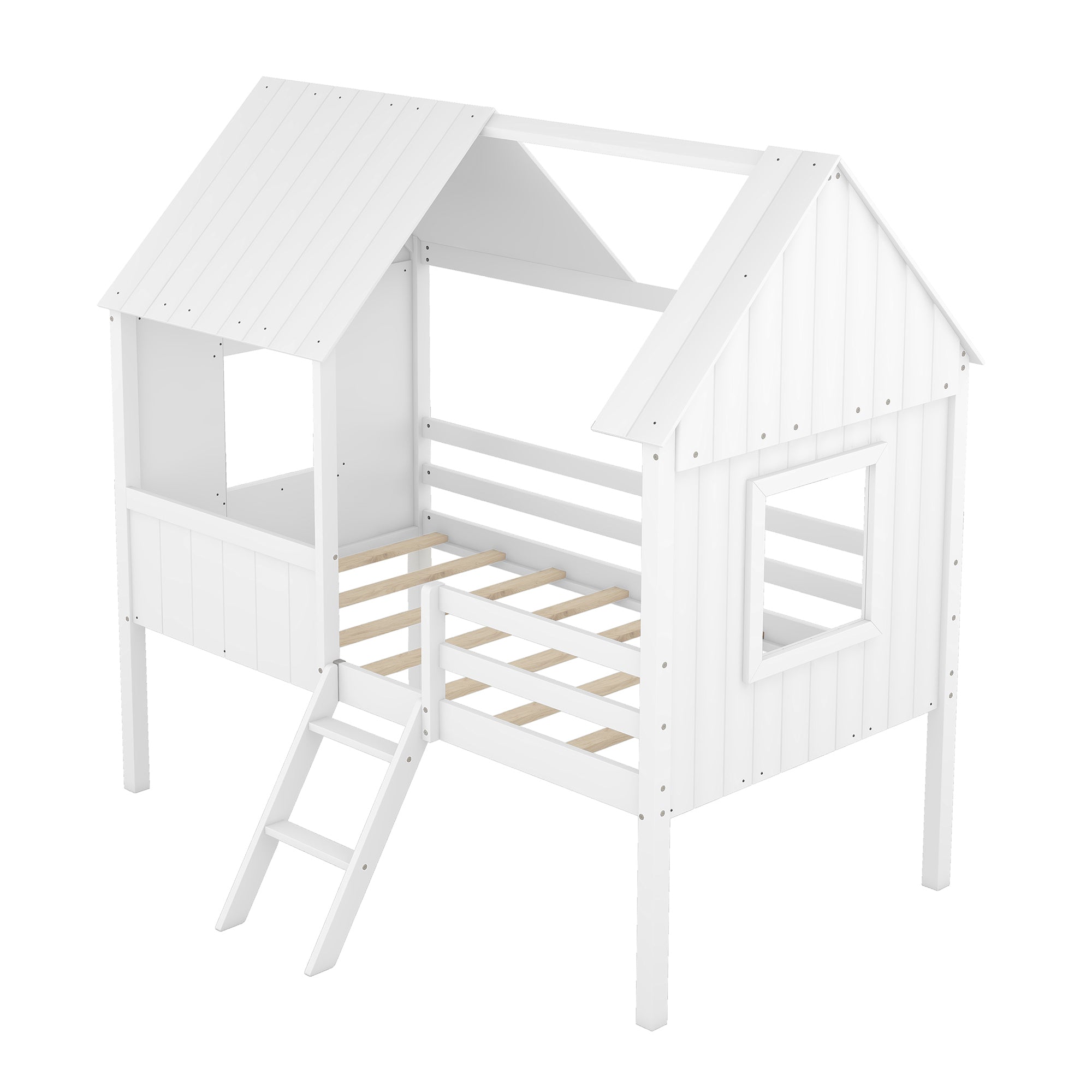 Twin Size Low Loft Wood House Bed with Two Side Windows  (White)(OLD SKU: LP000037AAK)