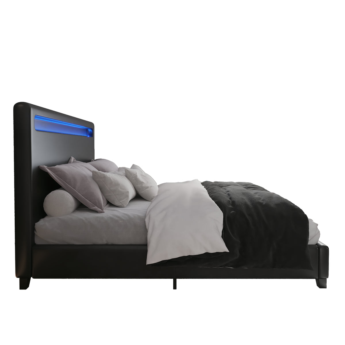 Queen Size Faux Leather Upholstered Platform Bed Frame with LED lighting, Wood Slat Support, No Box Spring Needed, Black