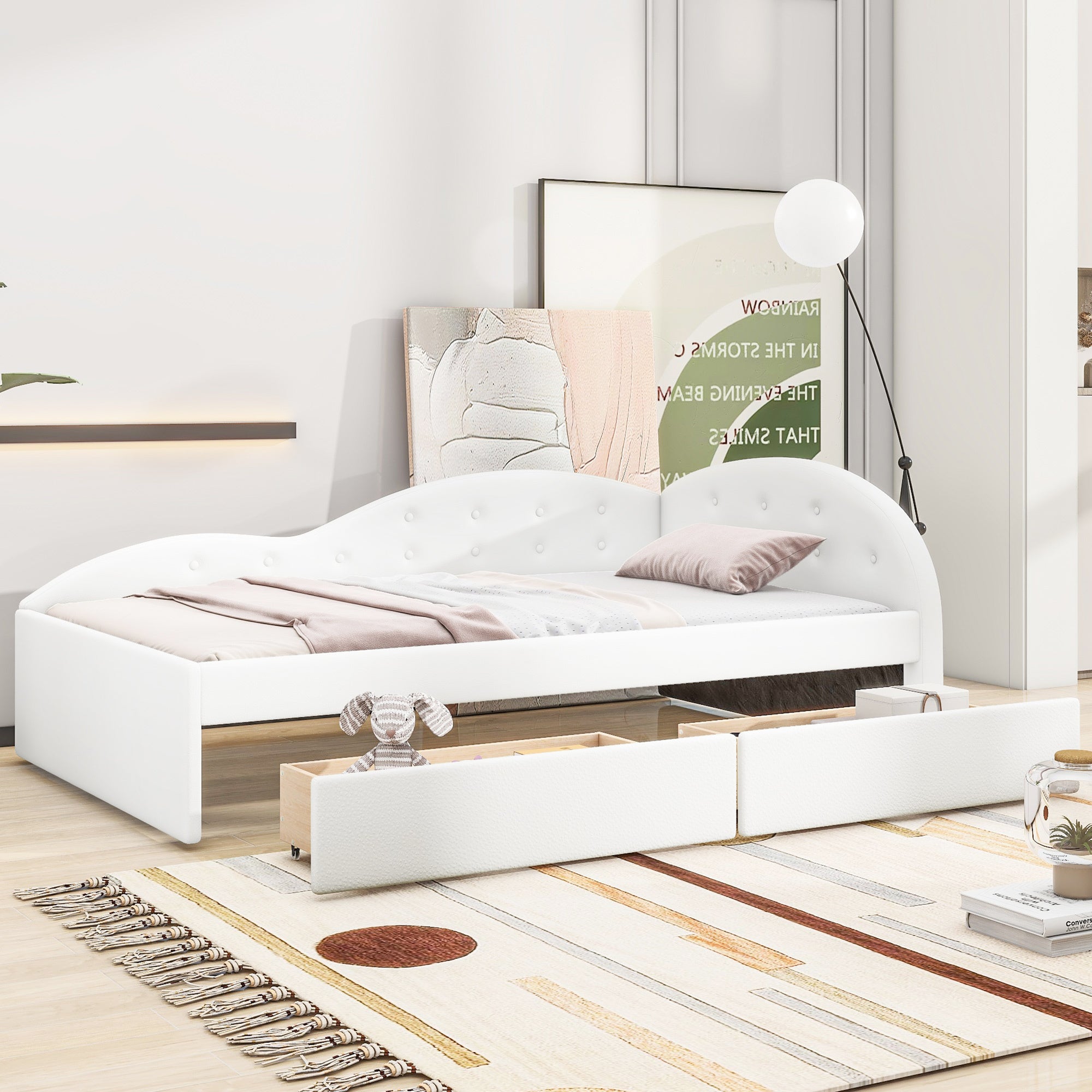 Twin Size PU Upholstered Tufted Daybed with Two Drawers and Cloud Shaped Guardrail, White