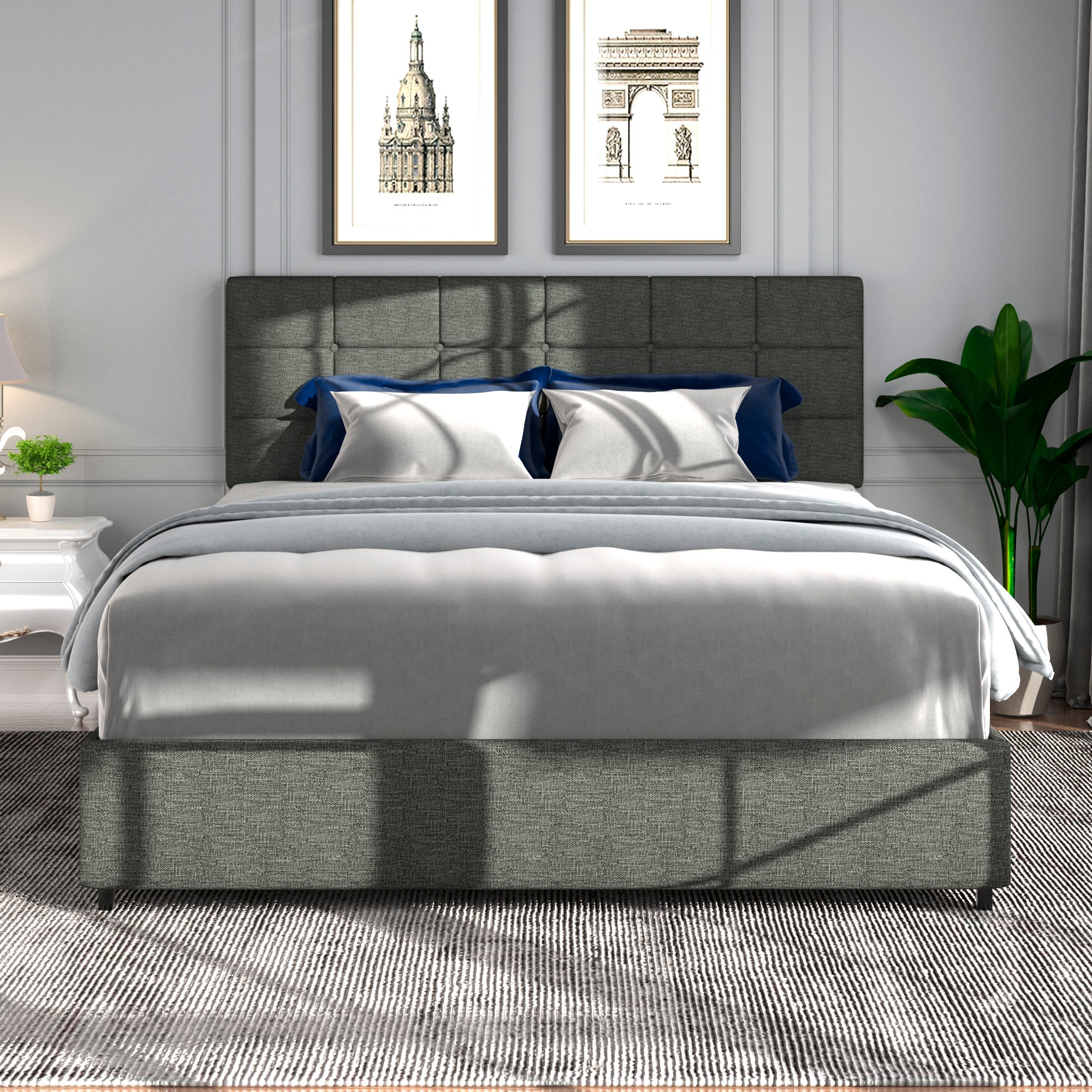 Vera Full Size Gray Linen Upholstered Platform Bed with Patented 4 Drawers Storage, Square Stitched Button Tufted Headboard, Wooden Slat Mattress Support No Box Spring Required