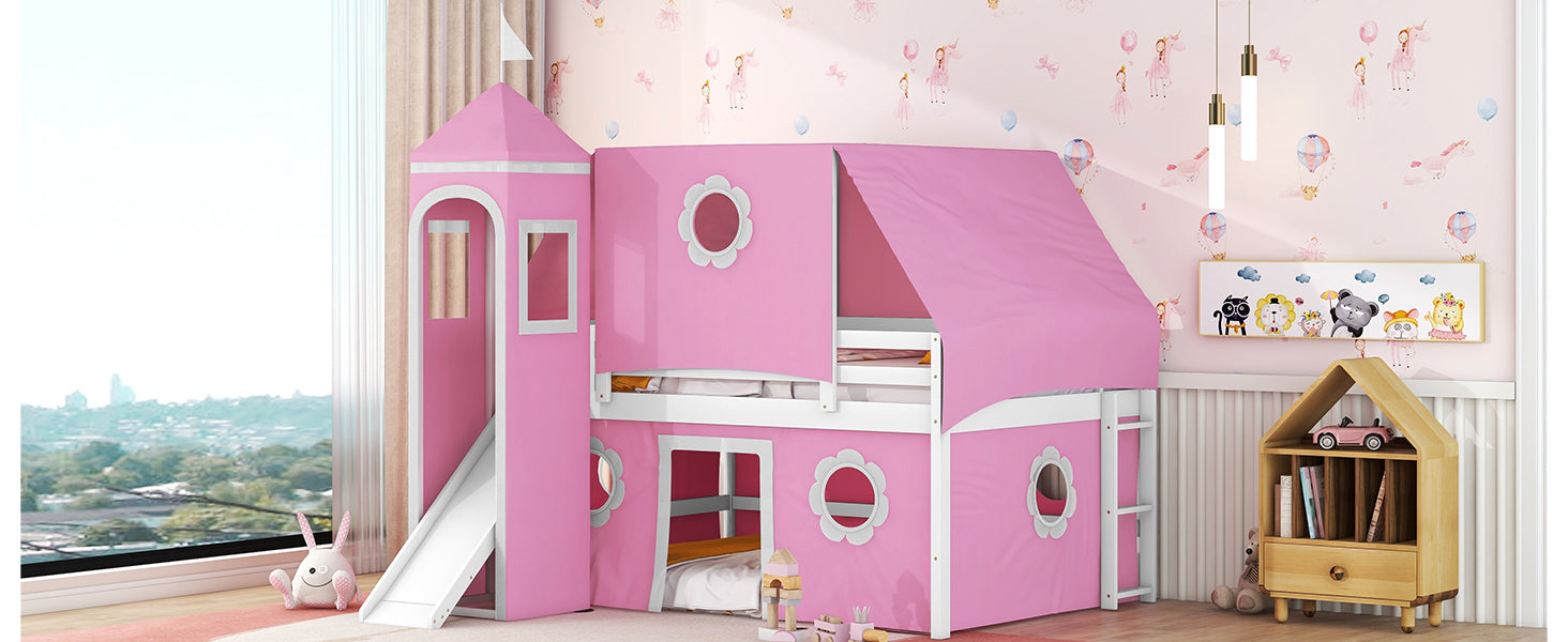 Full Size Bunk Bed with Slide Pink Tent and Tower - Pink