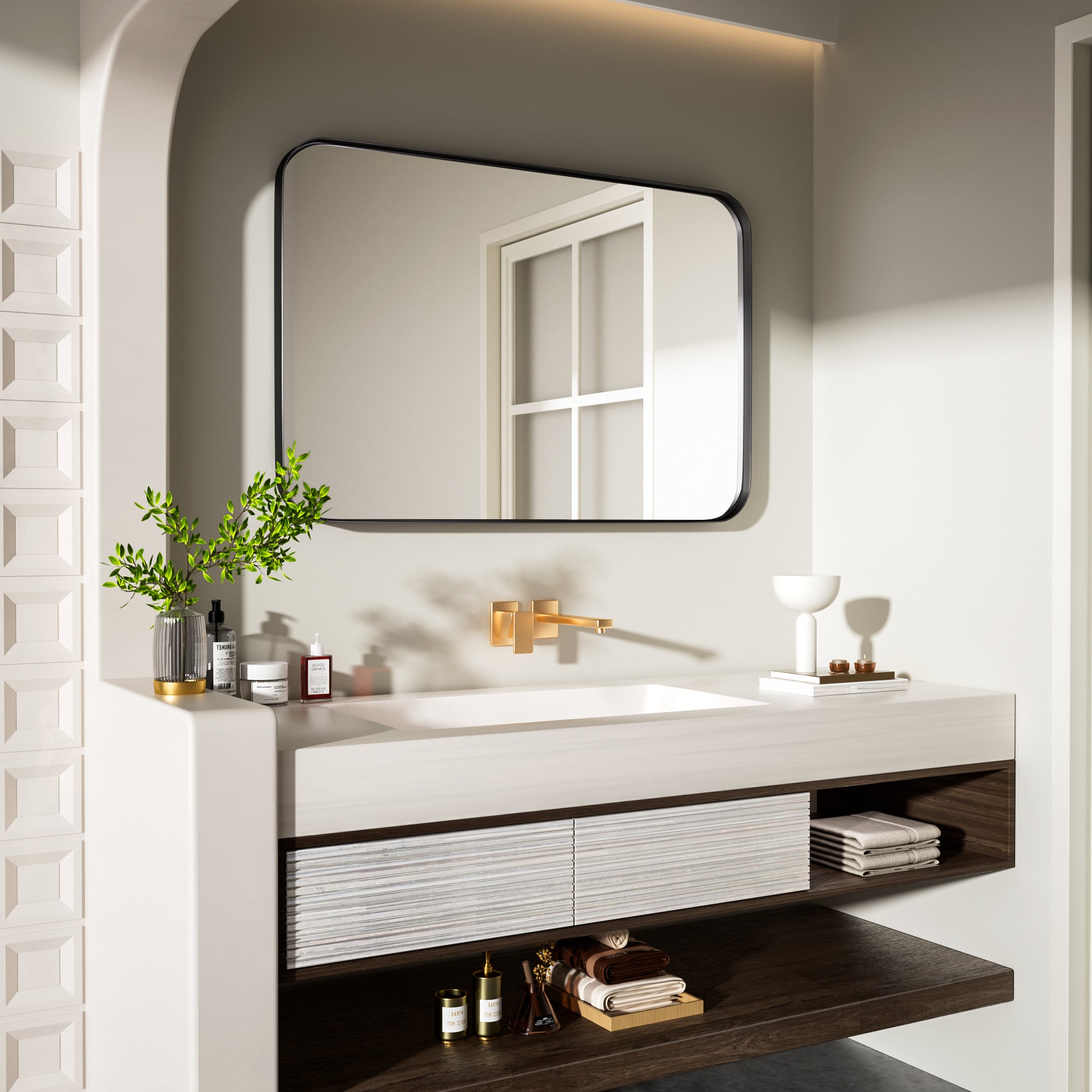 28 in. W x 36 in. H Tempered Glass Rectangular Framed Wall-Mounted Bathroom Vanity Mirror in Black