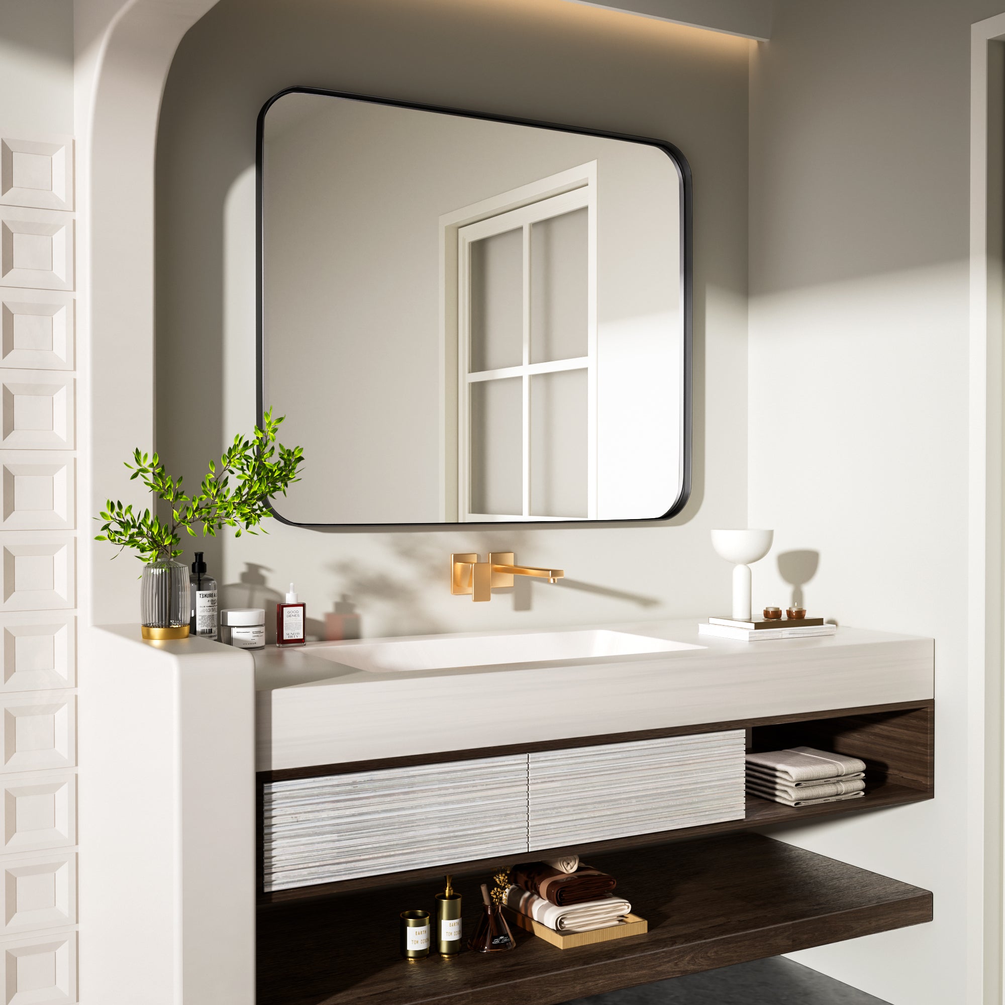 36 in. W x 30 in. H Tempered Glass Rectangular Framed Wall-Mounted Bathroom Vanity Mirror in Black