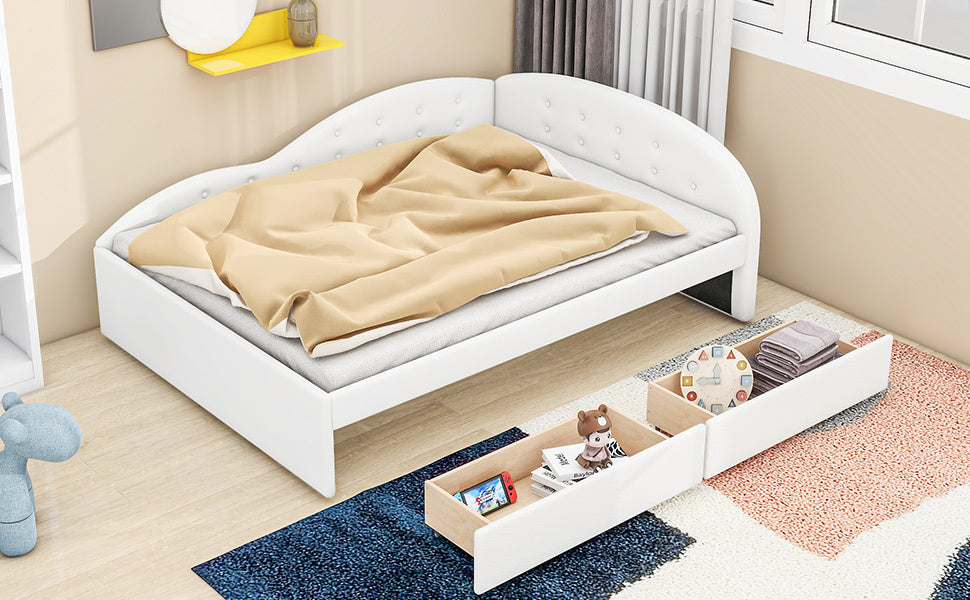 Full Size PU Upholstered Tufted Daybed with Two Drawers and Cloud Shaped Guardrail, White