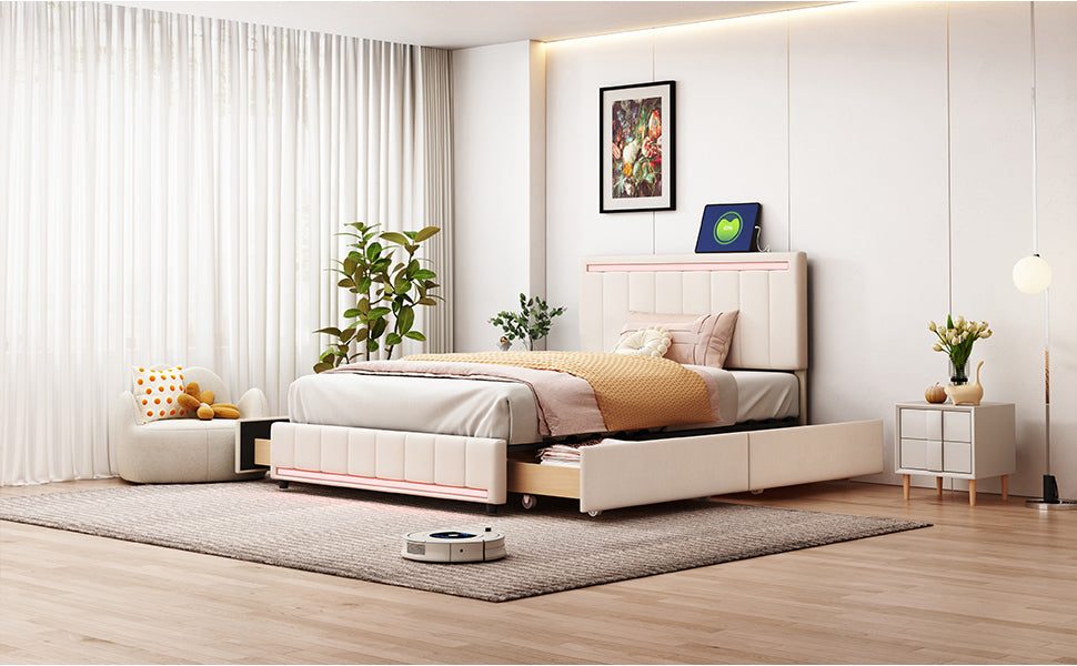 Full Size Upholstered Bed with LED Light and 4 Drawers,  Modern Platform Bed with a set of Sockets and USB Ports, Linen Fabric, Beige