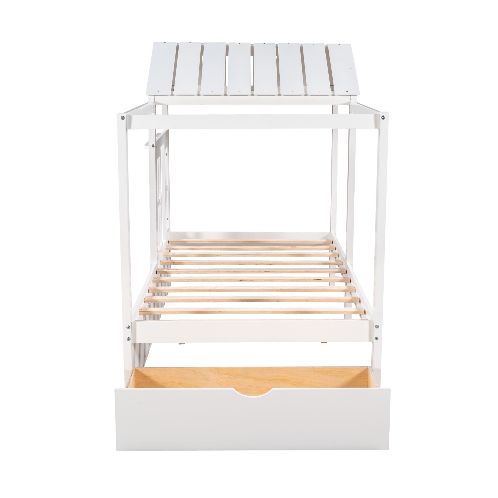 Twin Size House Bed with Roof, Window and Drawer - White