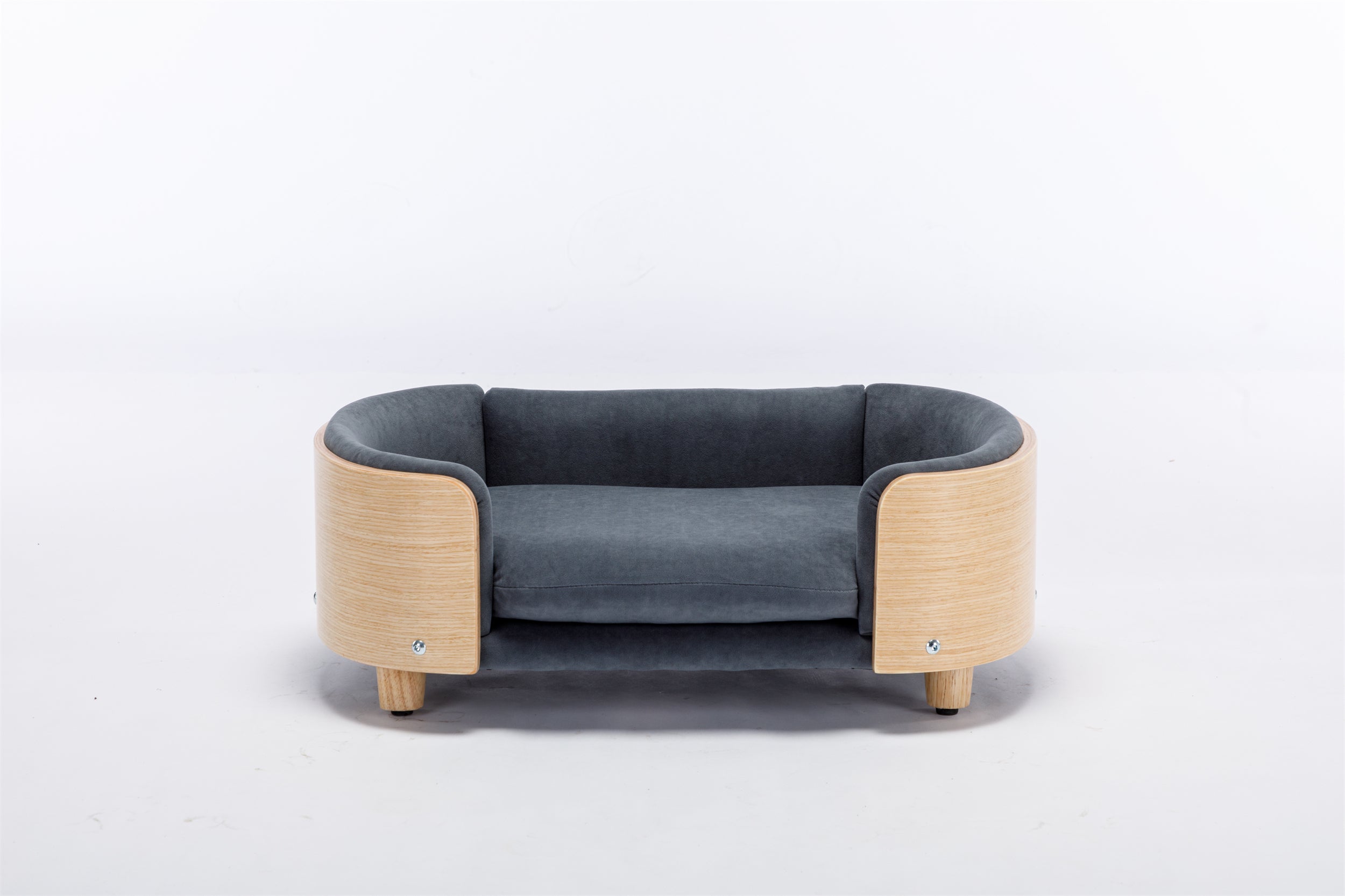 Scandinavian style Elevated Dog Bed Pet Sofa With Solid Wood legs and Bent Wood Back, Velvet Cushion,Mid Size,Dark Grey