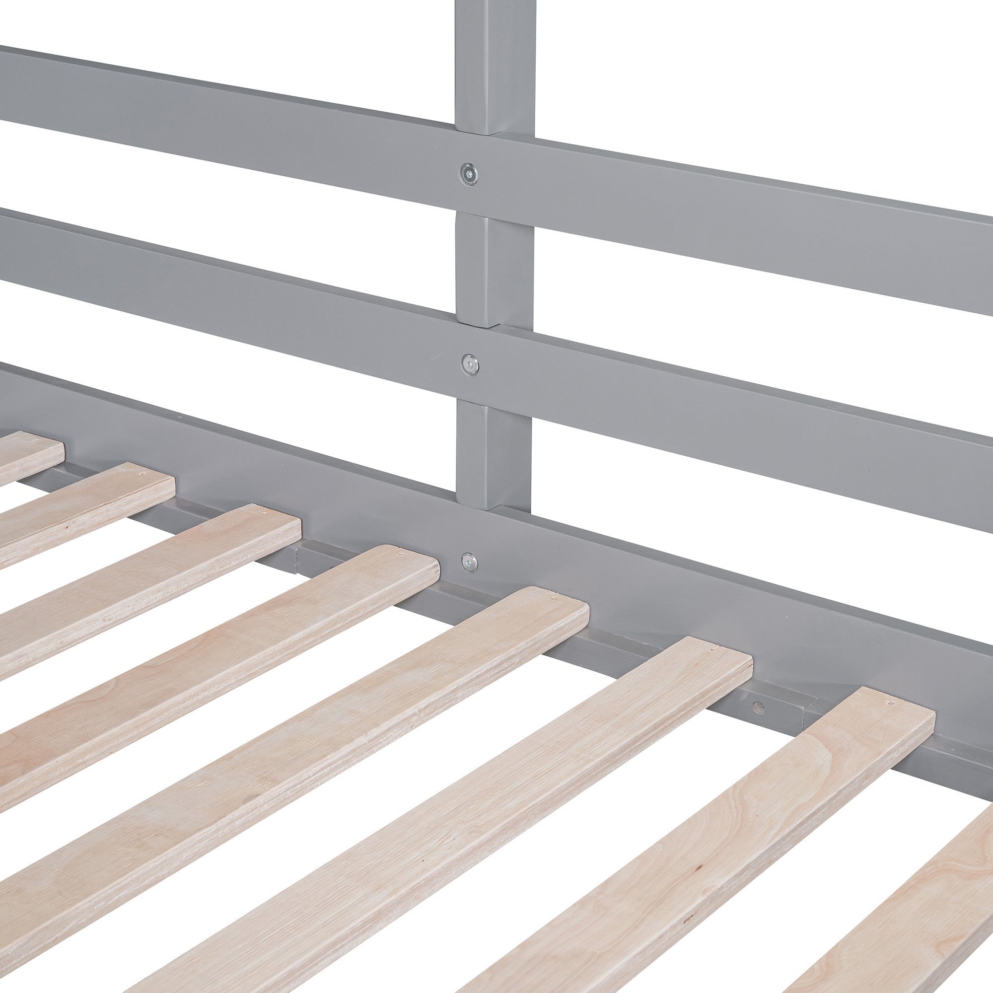 Twin over Twin Bunk Bed with Roof and Window, with Guardrails and Ladder, Gray