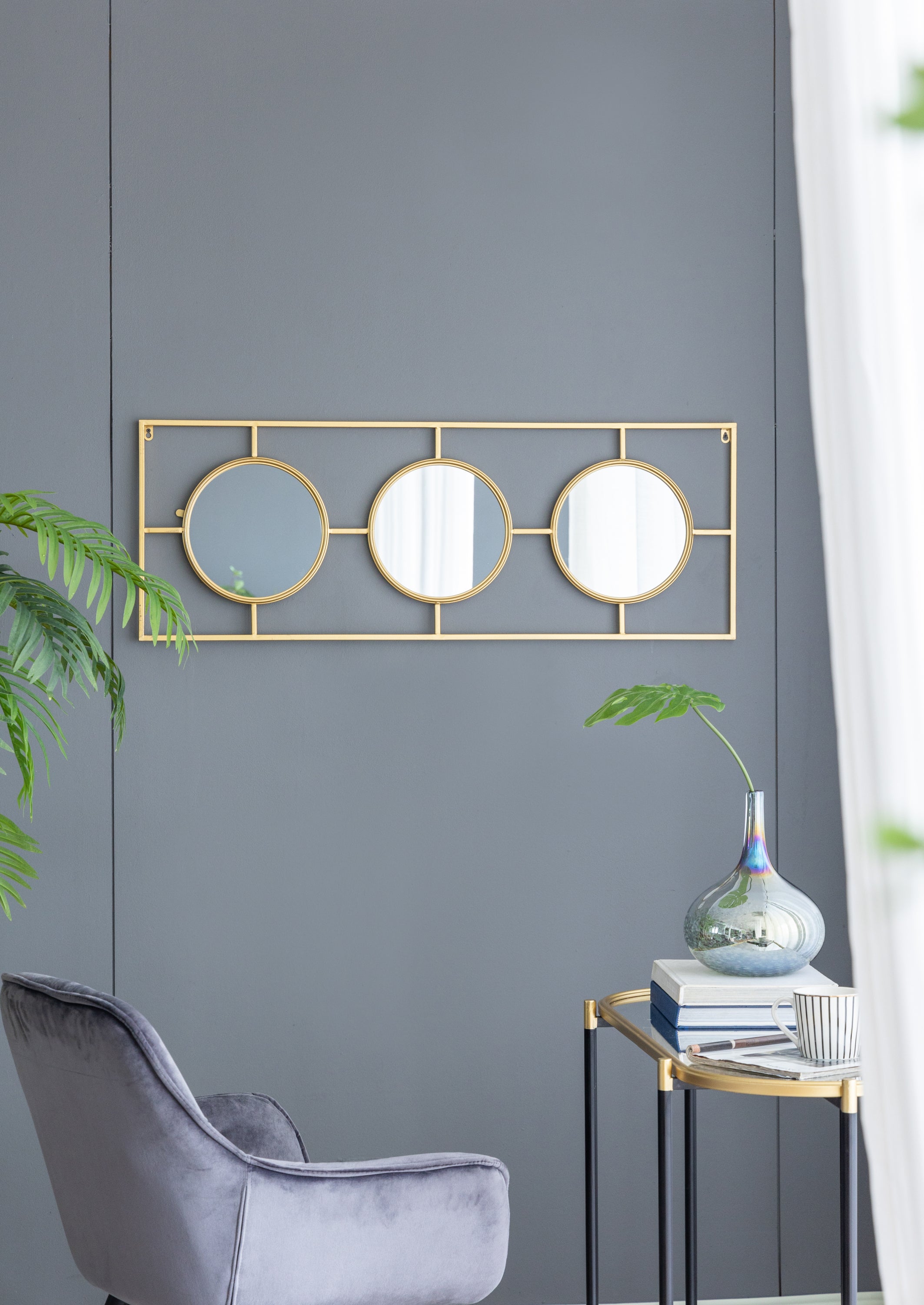 3 Mirror Piece Wall Mirror in Gold Rectangular Frame, Home Wall Decor for Bedroom Living Room, 43"x16"