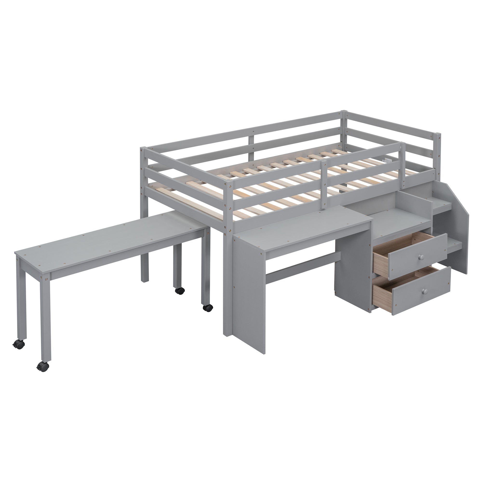 Twin Size Loft Bed with Desk and Drawers, Wooden Loft Bed with Lateral Portable Desk, Gray