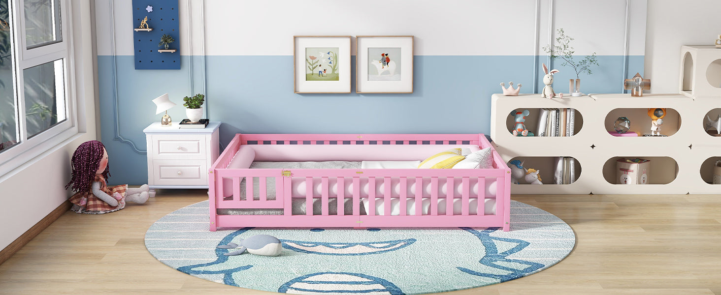 Queen Size Bed Floor Bed with Safety Guardrails and Door for Kids, Pink (Expect Arrival Date Nov.2nd)