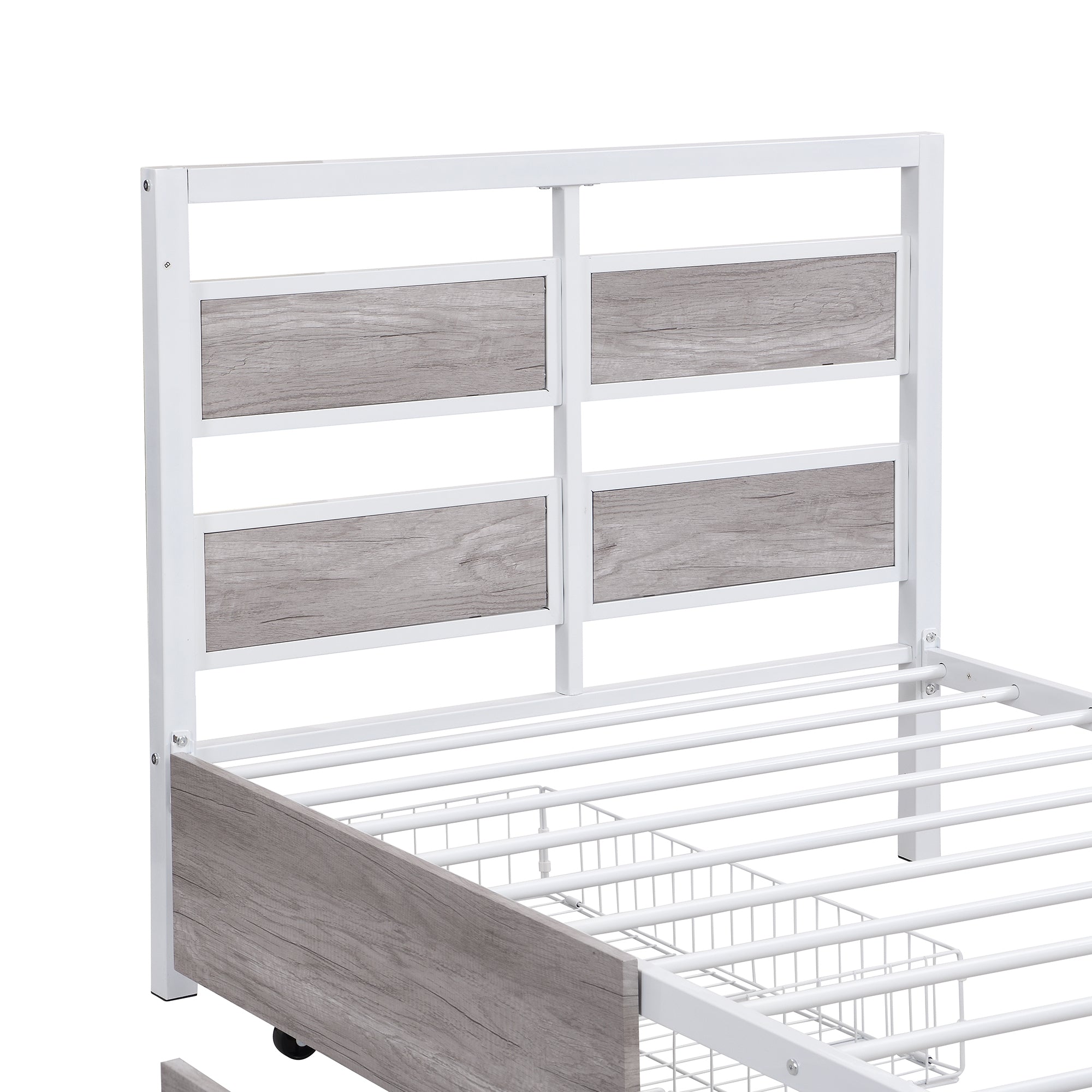 Twin Size Metal Platform Bed with MDF Headboard and Footboard,Two Storage Drawers and Rotatable TV Stand,White