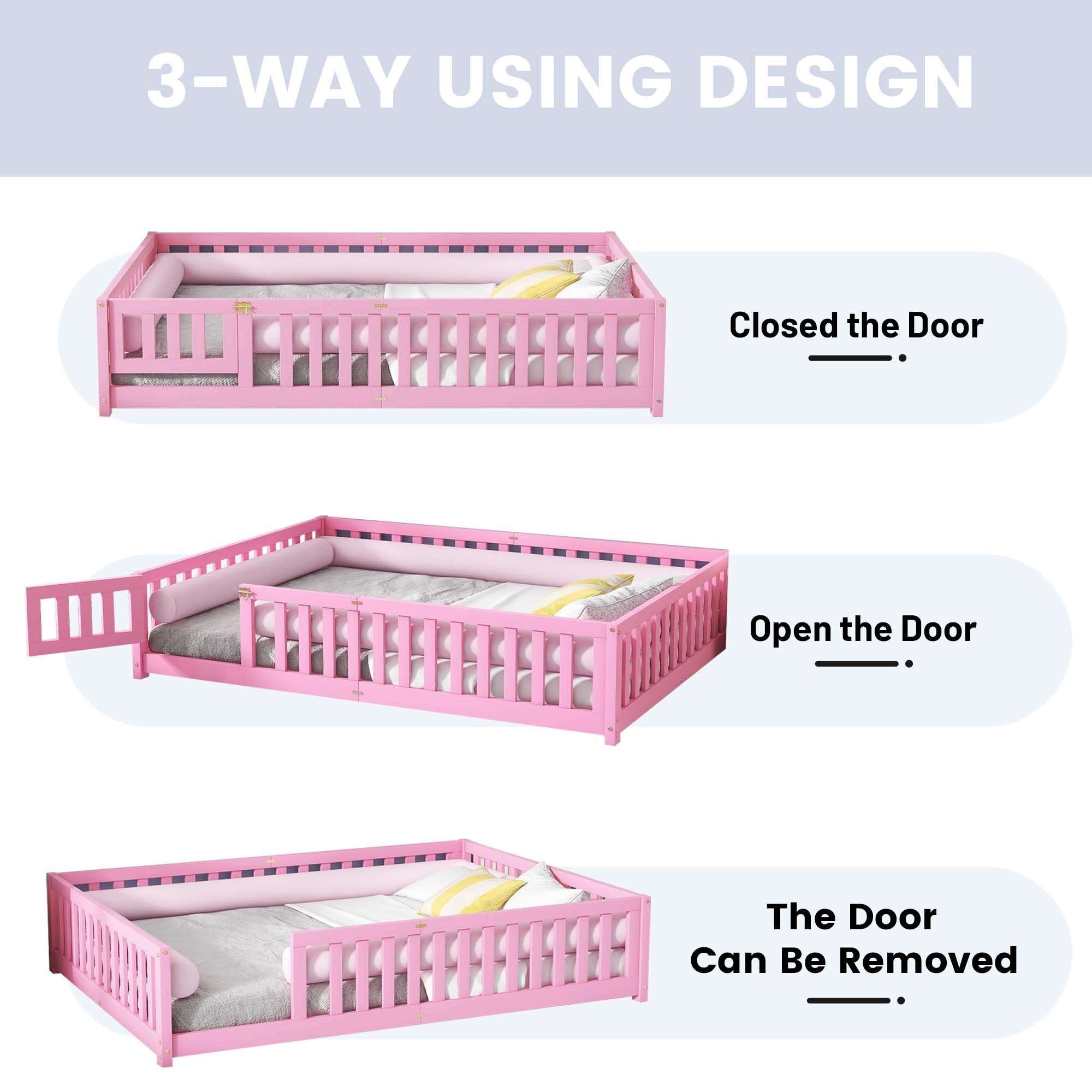 Queen Size Bed Floor Bed with Safety Guardrails and Door for Kids, Pink (Expect Arrival Date Nov.2nd)
