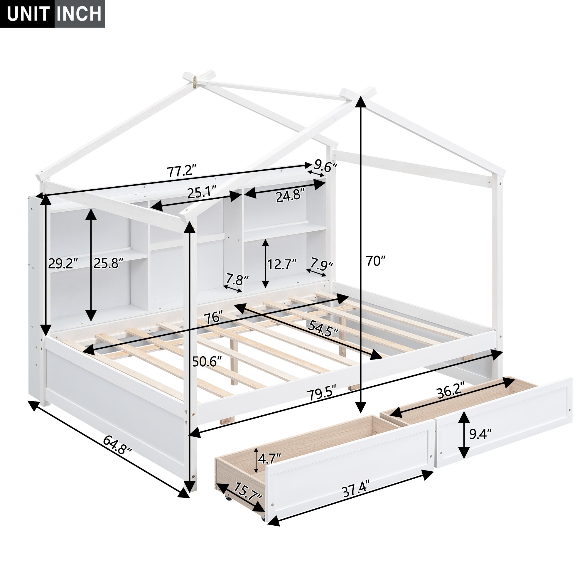 Full Size House Bed with Storage Shelves and 2 Drawers, Brushed White