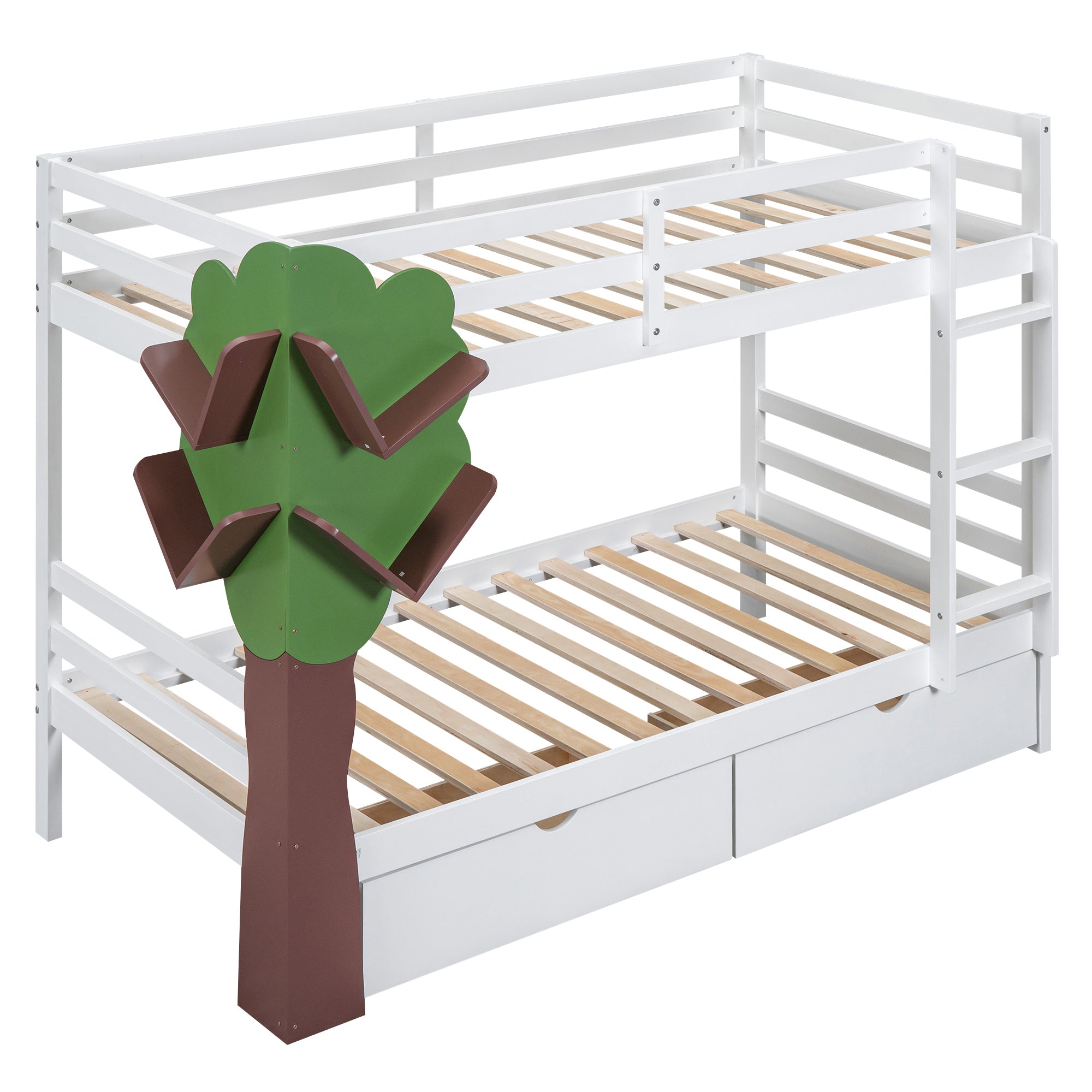 Twin-Over-Twin Bunk Bed with  a Tree Decor and Two Storage Drawers, White