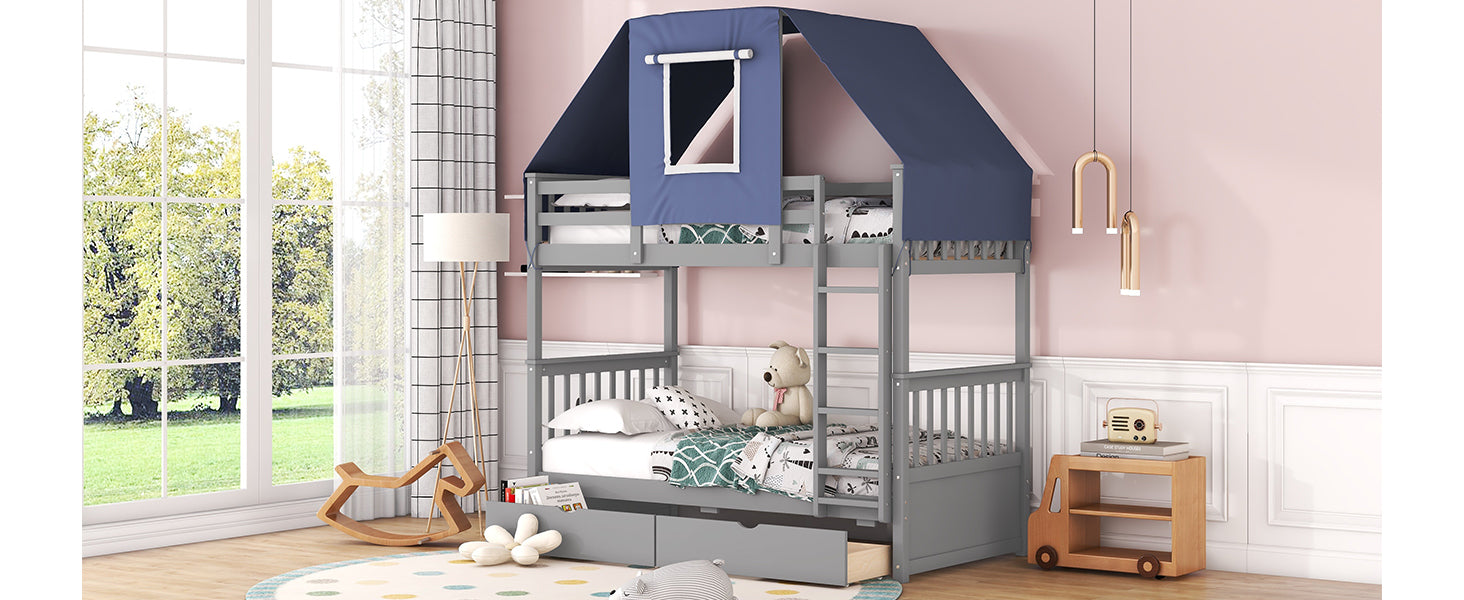 Twin Over Twin Bunk Bed Wood Bed with Tent and Drawers, Gray+Blue Tent