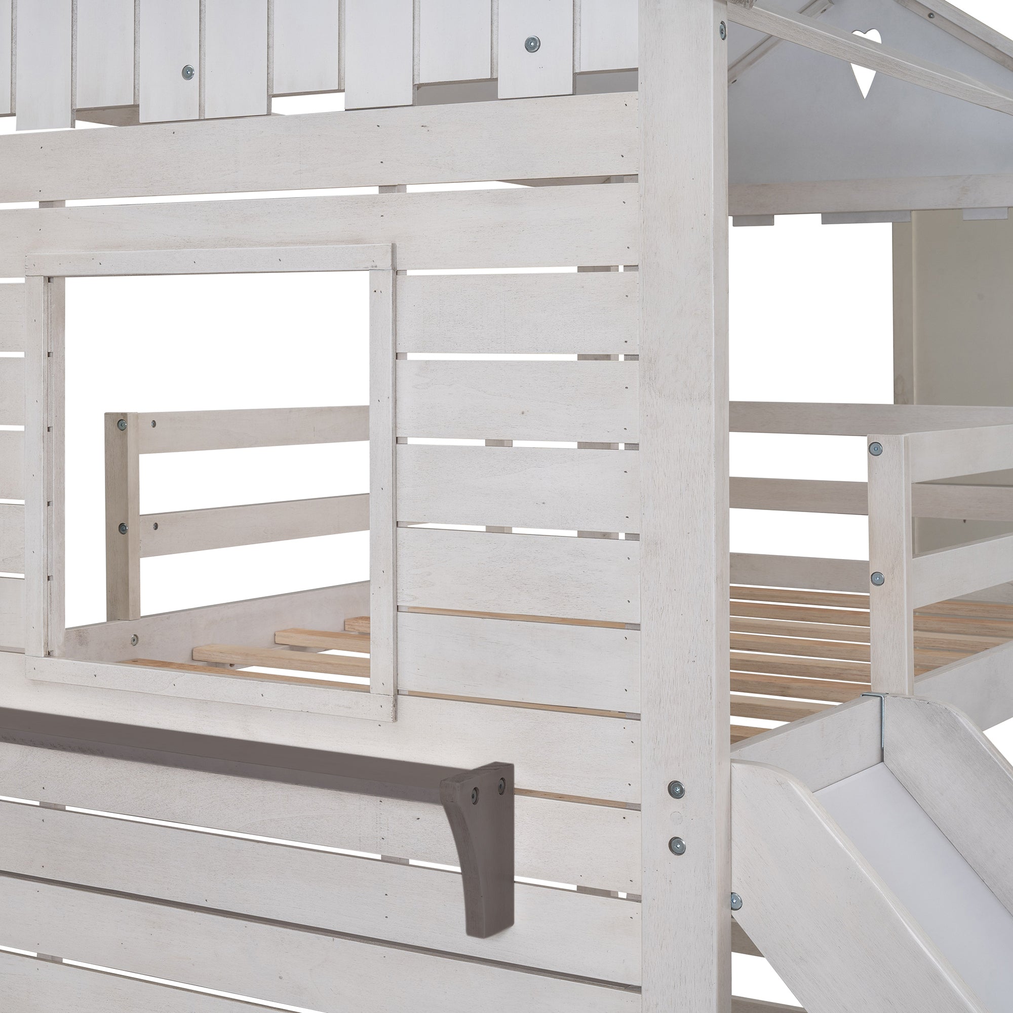 Twin Over Twin Bunk Bed Wood Bed with Roof, Window, Slide, Ladder ,Antique White(OLD SKU:LP000059AAK)