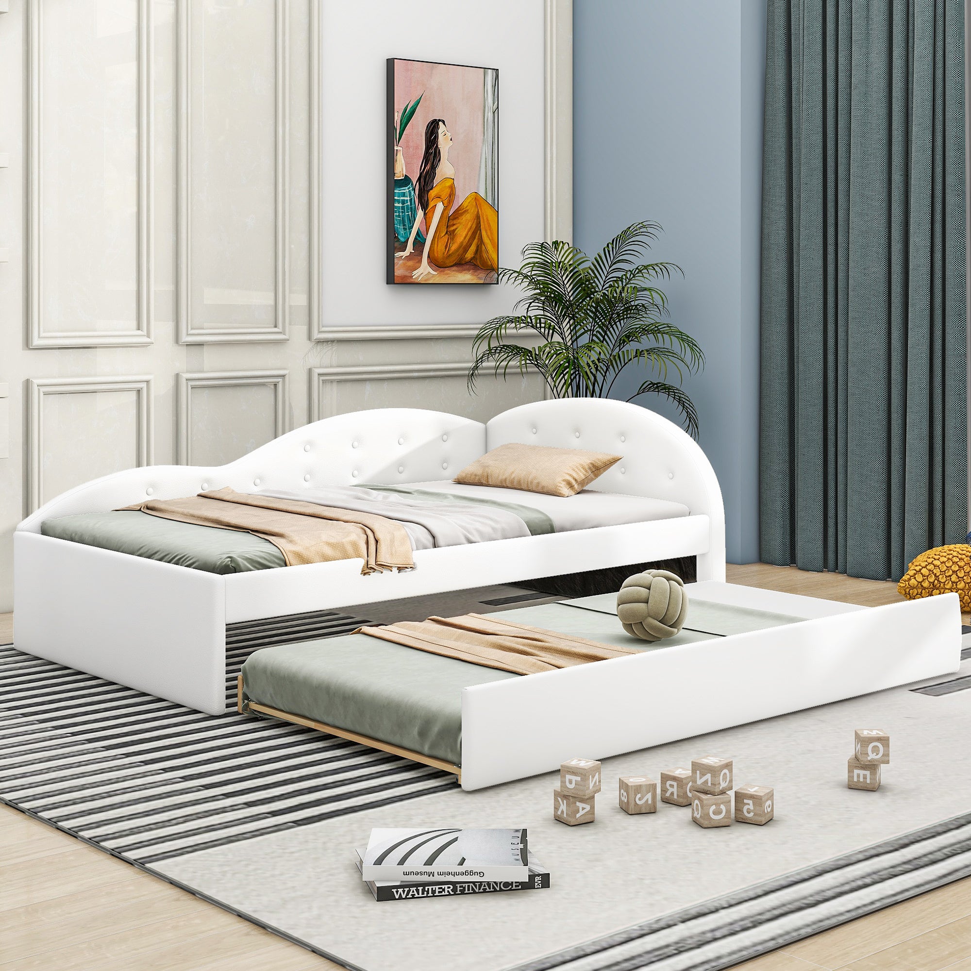 Twin Size PU Upholstered Tufted Daybed with Trundle and Cloud Shaped Guardrail, White