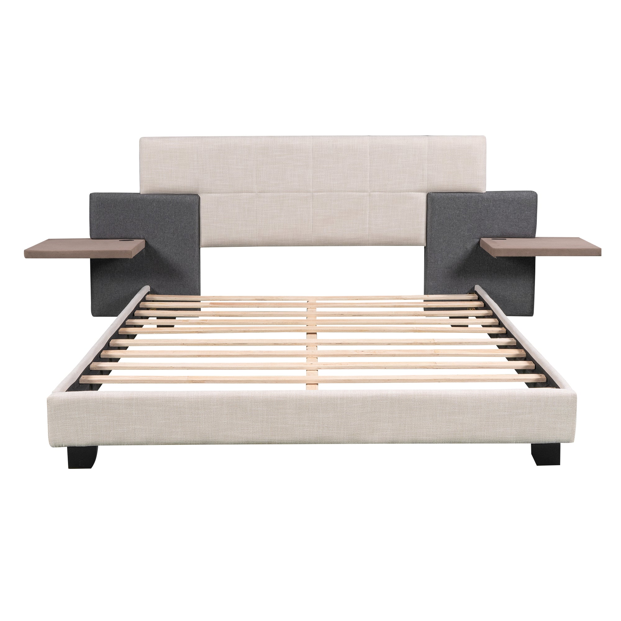 Queen Size Upholstered Platform Bed with Bedside Shelves and USB Charging Design, Beige+Gray