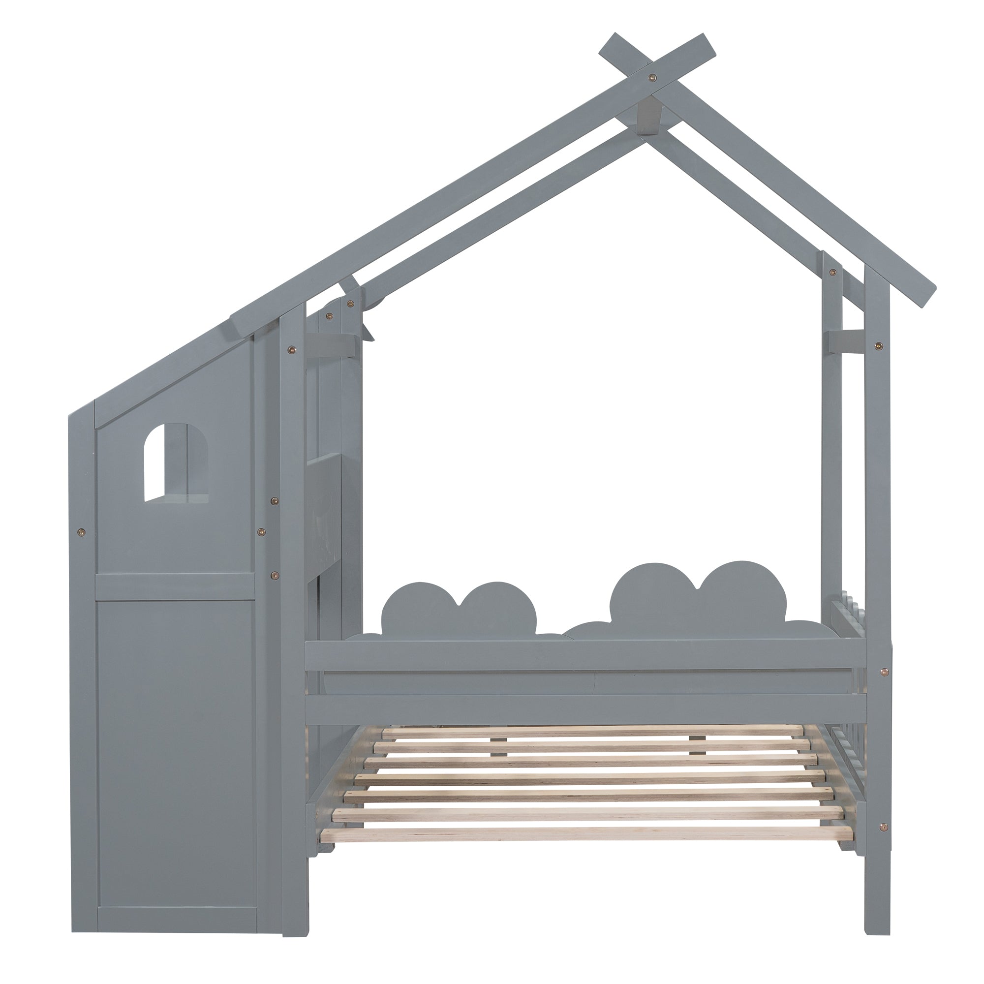 Twin Size Platform Bed with Windmill and Flower Decor, House Bed with Desk and two Handles, Gray