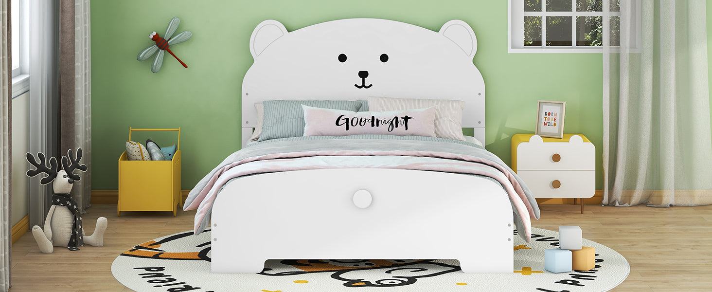 Full Size Wood Platform Bed with Bear-shaped Headboard and Footboard,White