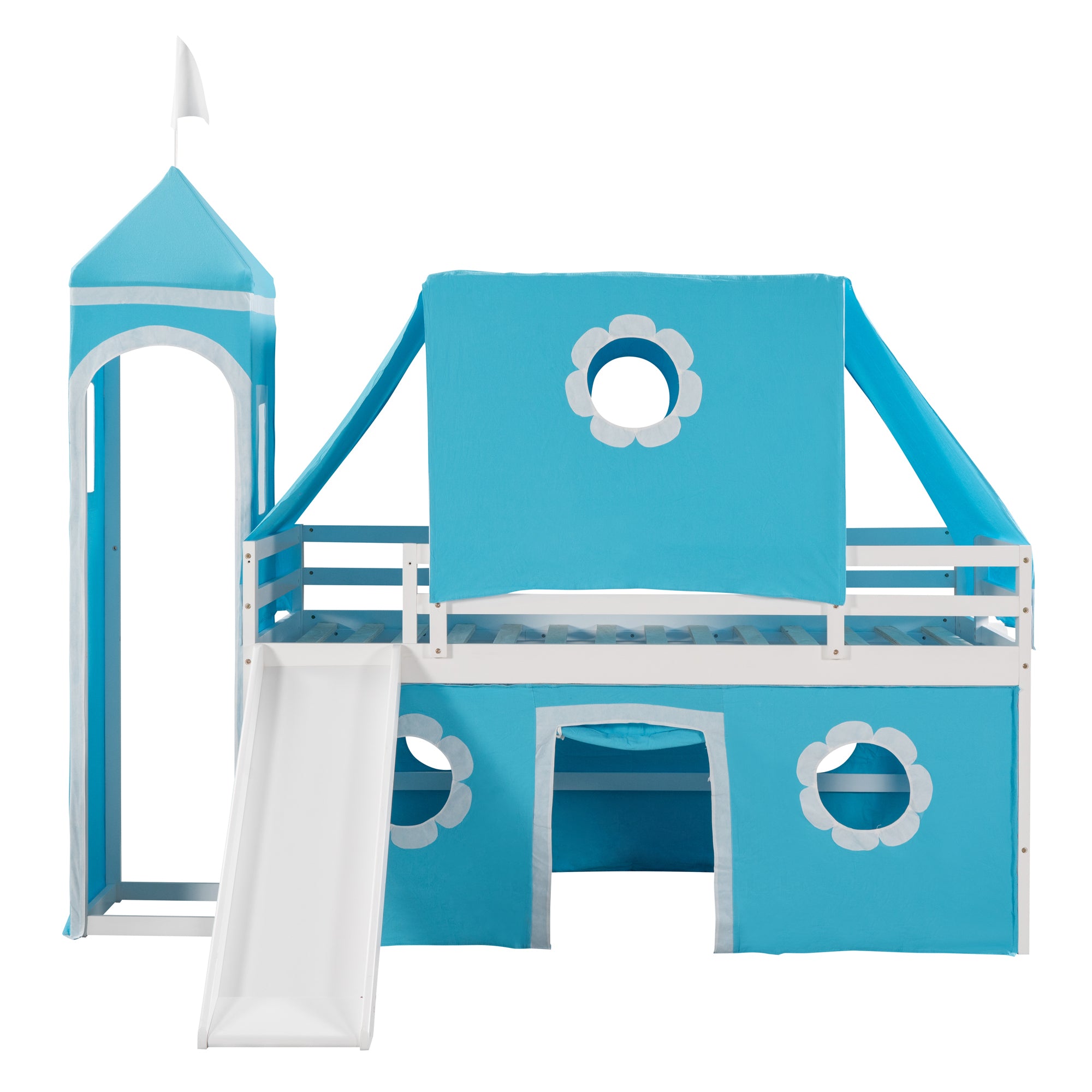 Twin Size Bunk Bed with Slide Blue Tent and Tower - Blue